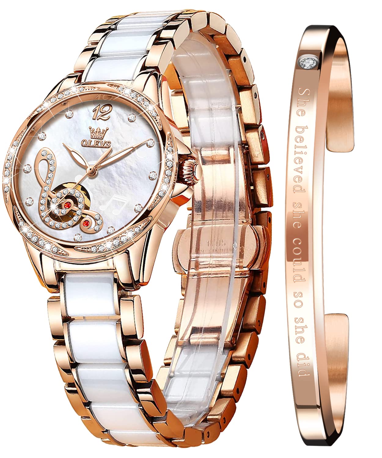 OLEVS Relojes automáticos para mujer, oro rosa, vestido de diamantes de moda, reloj de pulsera mecánico de dos tonos, correa de cerámica impermeable luminosa, juego de regalo, esfera blanca