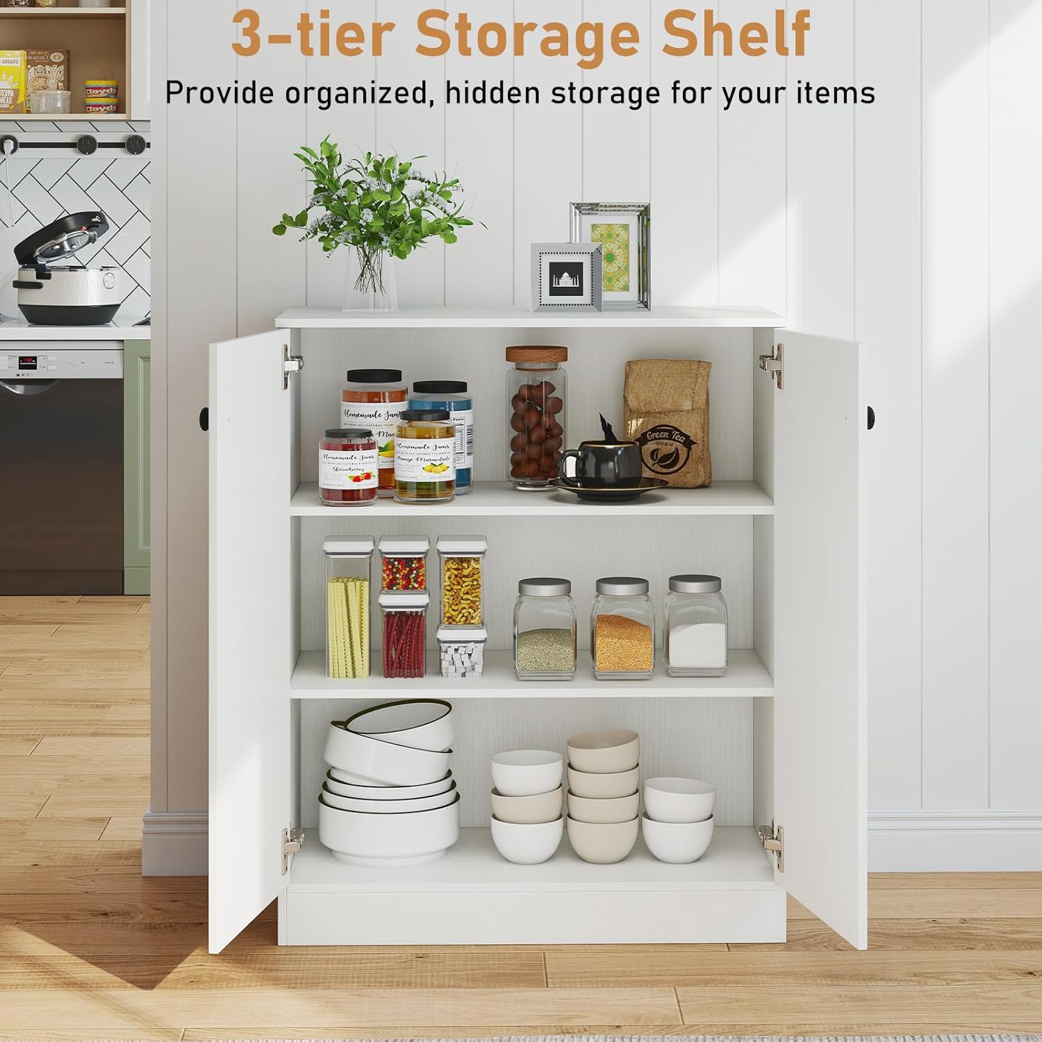 LOKO 2-Door Storage Cabinet, Modern Floor Cabinet with 3-Tier Shelf, Freestanding Side Cabinet with Anti-Toppling Device, Storage Organizer for Living Room, Kitchen, Dining Room, Entryway (White)