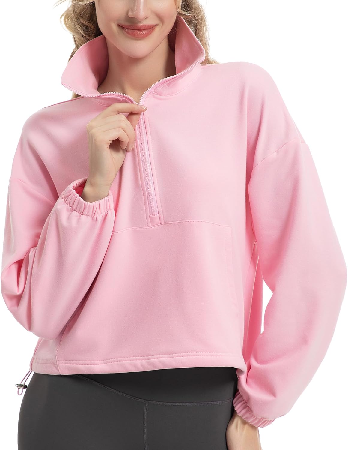 FKEEP Quarter Zip Pullover Women Cropped Sweatshirt Long Sleeve Crop Top Stand Collar Drawstring Casual Pullover - Image 3