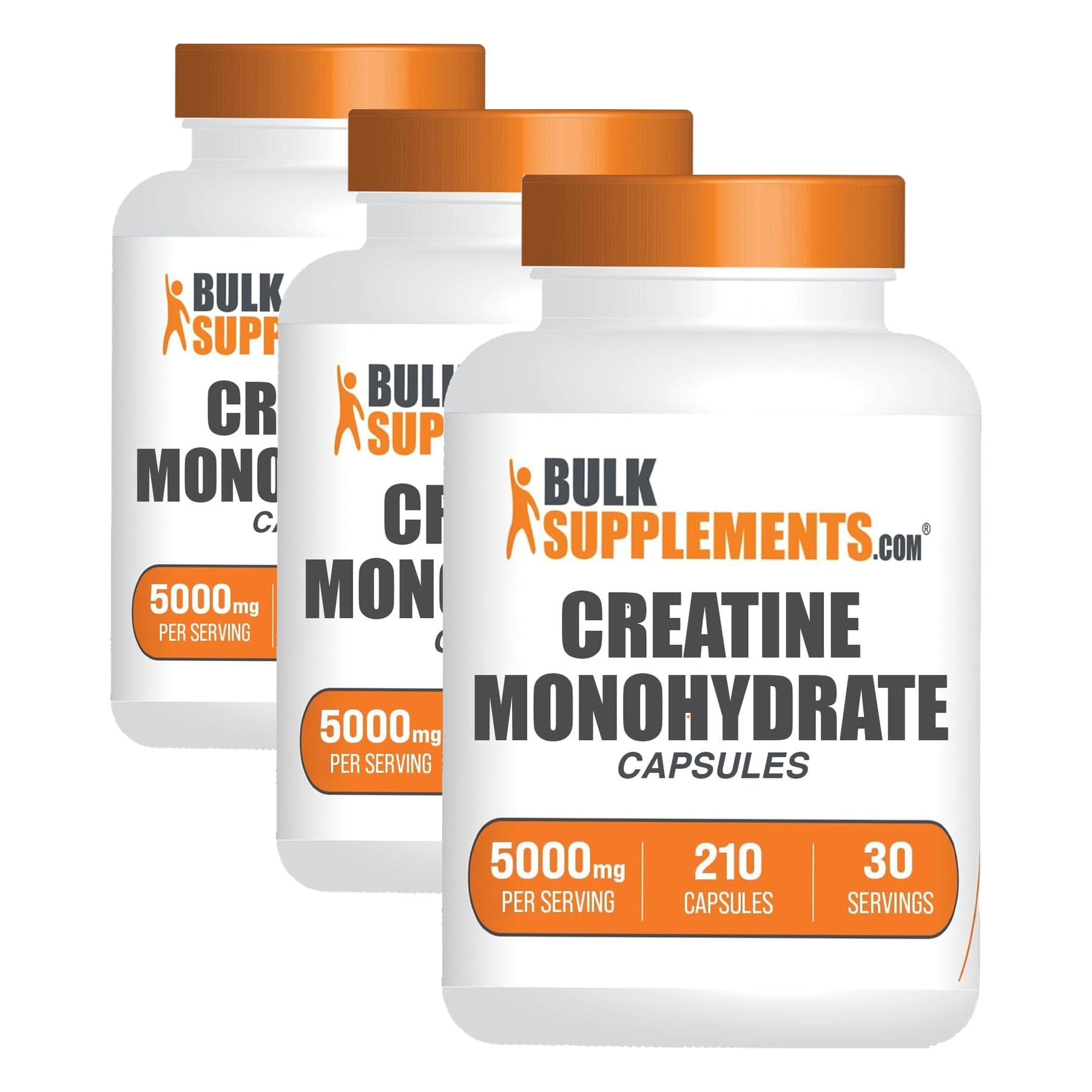 BulkSupplements.com Creatine Monohydrate Capsules - Micronized Creatine Monohydrate, Sports Nutrition - 7 Capsules per Serving, 5000mg, Gluten Free, 210 Count (Pack of 3)