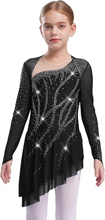 Girls Sparkly Figure Ice Skating Dress Mesh Long Sleeve Irregular Hem Ballet Lyrical Dress Ballroom Dancewear