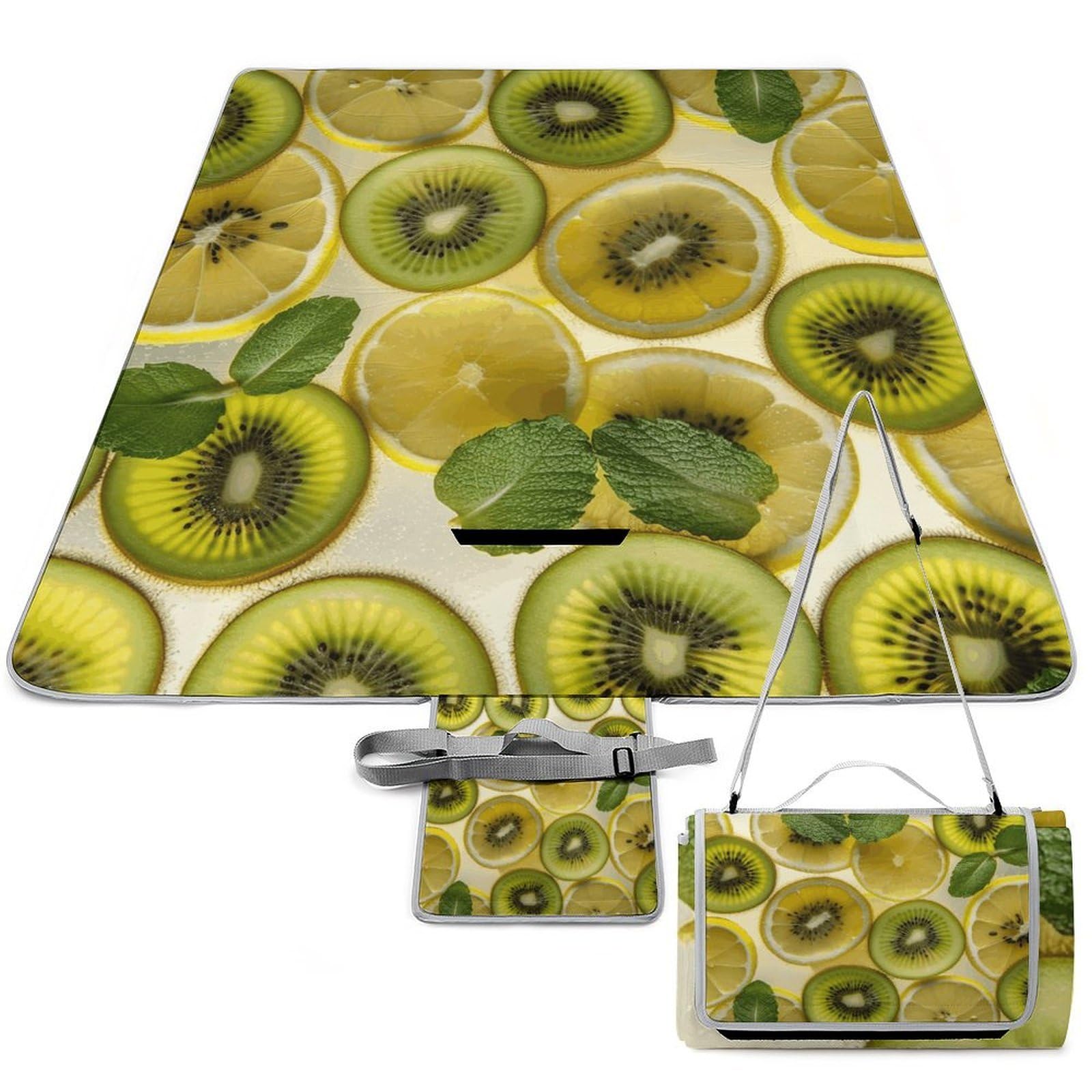 Tappetino pieghevole per esterni con fette di limone e kiwi, superficie impermeabile, facile da pulire, coperta da viaggio, per campeggio primaverile ed estivo