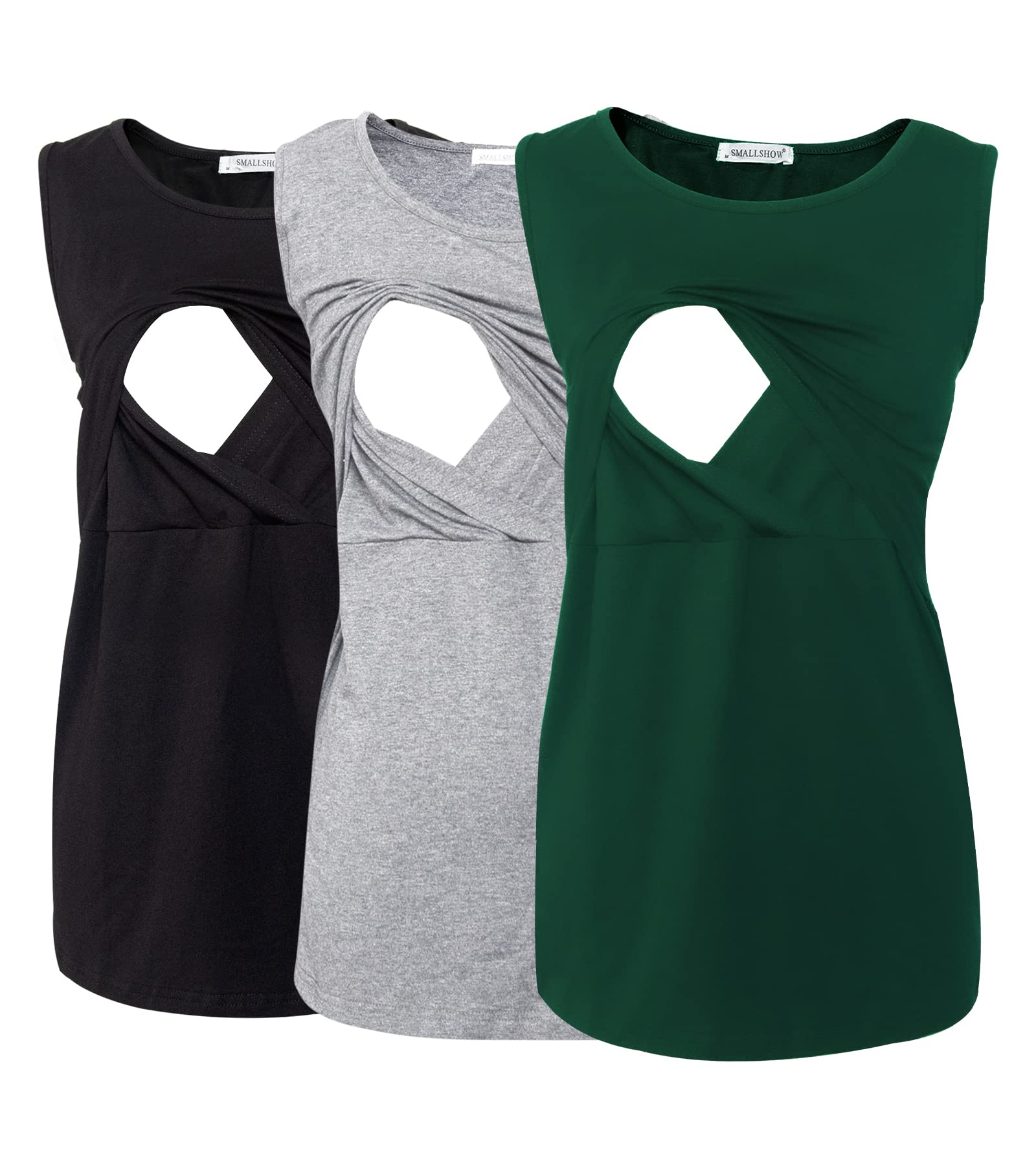 Smallshow Canottiere per Donna maternità Infermieristica Senza Maniche Top Canotta Allattamento in 3 Pezzi Black-Light Grey-Deep Green L