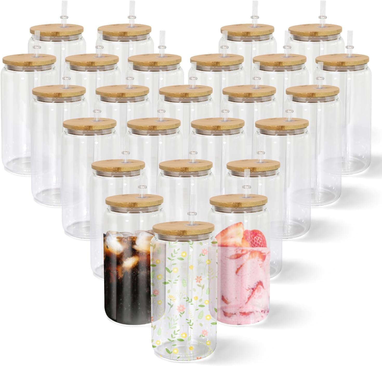 16oz Sublimation Glass Cups with Bamboo Lid and Straw, 50pcs Clear Sublimation Glass Tumbler Blank Bulk, Wide Mouth Jar Tumbler Cups Mugs for Beer,Juice and Iced Coffee