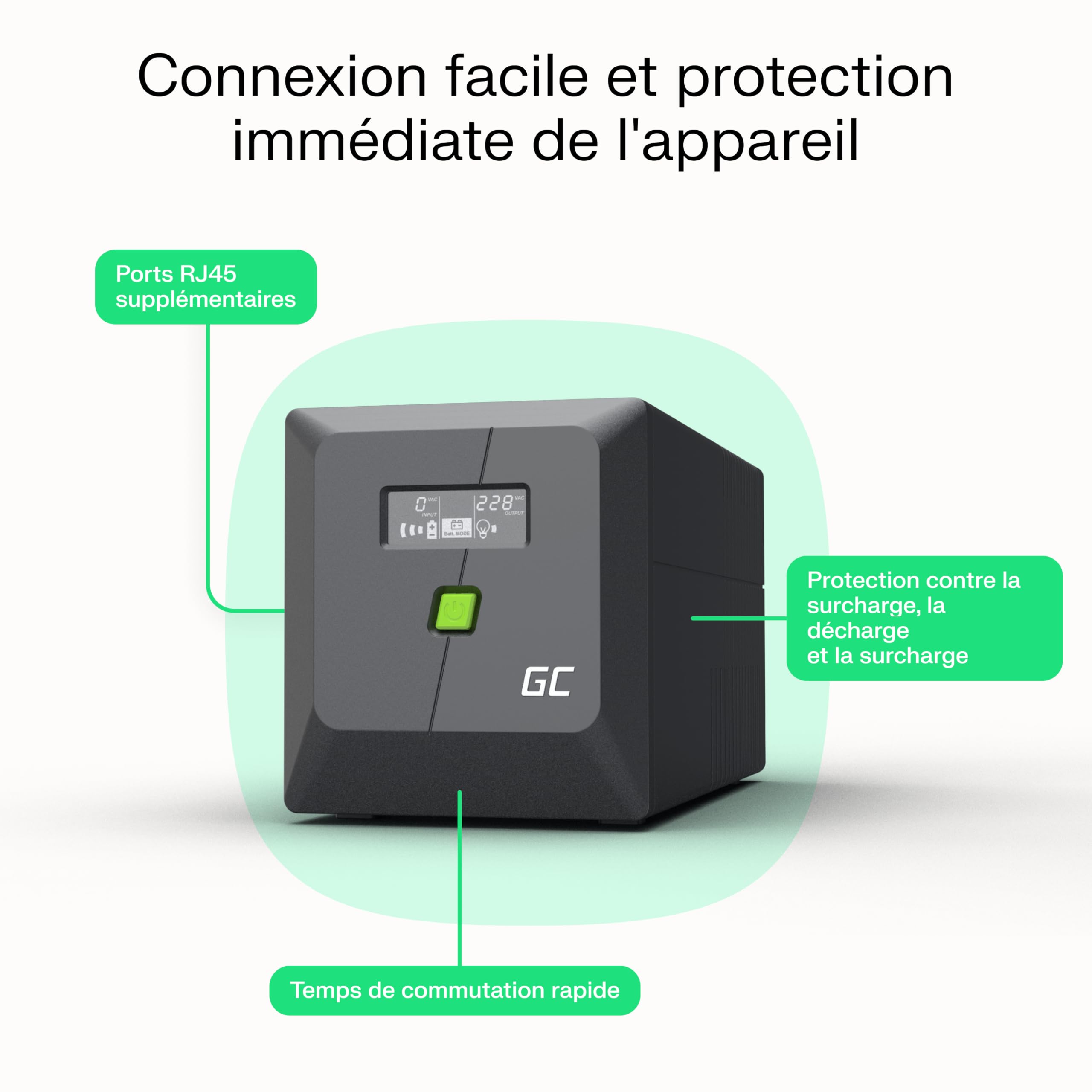 Green Cell PowerProof Gruppo di continuità UPS 650VA/360W con display LCD, onda sinusoidale modificata, batteria 12V 7Ah, protezione sovratensioni, backup energia, USB/RJ45, 2 prese Schuko