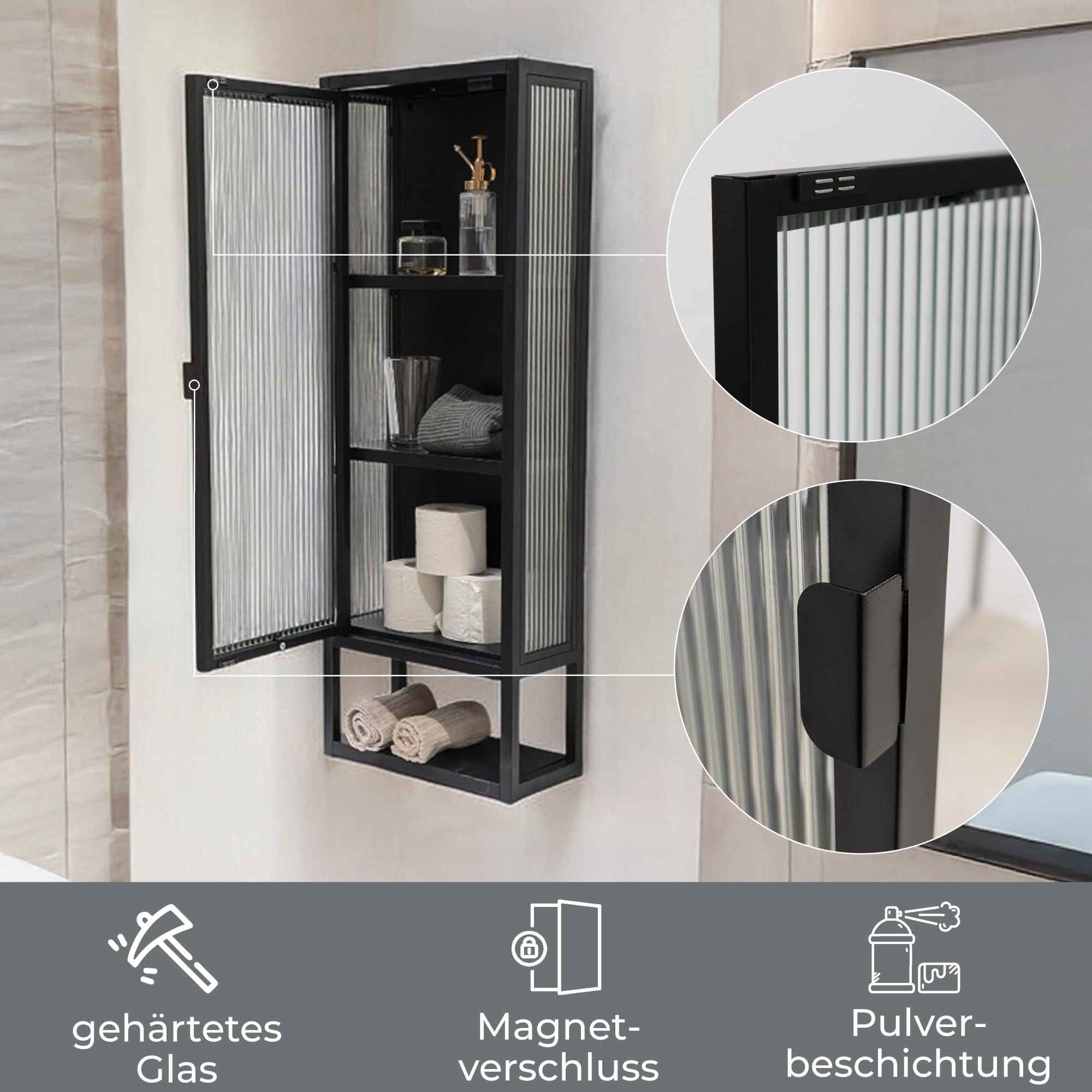 osoltus Wandschrank Riffelglas Stahl Regal Cube schwarz Industrial 102x36cm