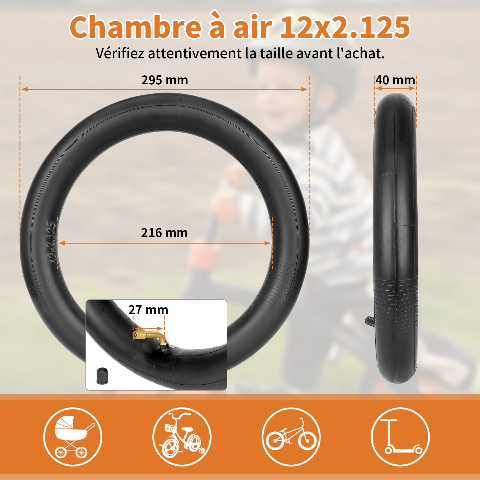 Chambre à Air Natcoo 12 Pouces | Double Épaisseur Valve 45° | Pour Poussettes, Vélos Enfants, Draisiennes