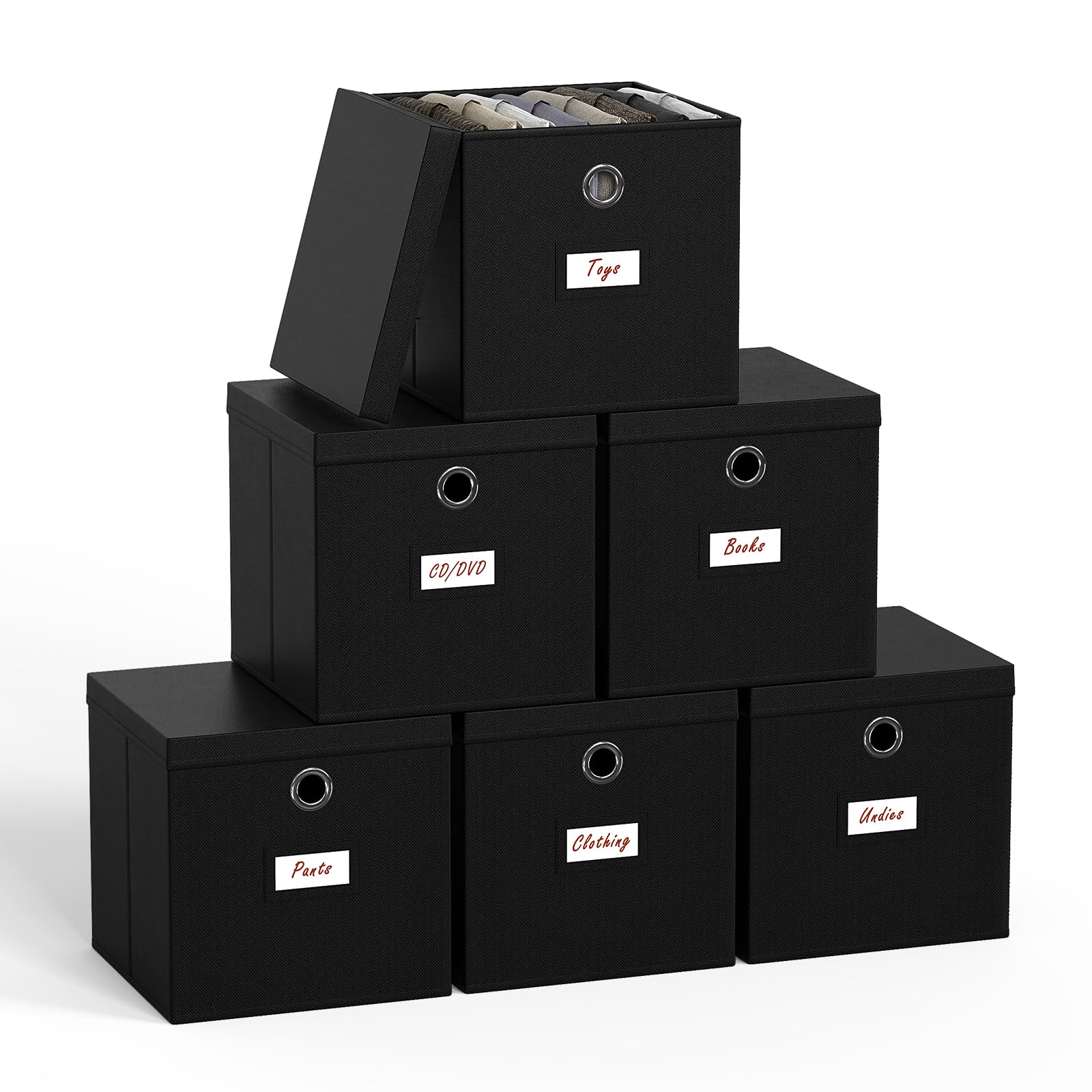 Pezin & Hulin Lidded Storage Bins Set 6, Foldable Closet Cube Boxes, with Lid, Metal Handle, Label Cards, Black (28 * 28 * 28CM)