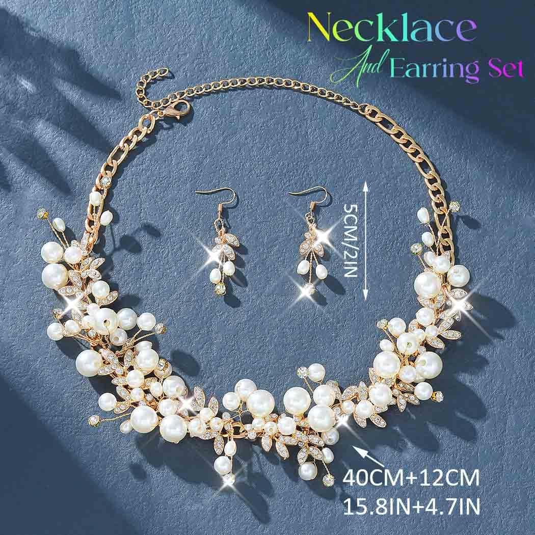 Unicra Gold Bridal Wedding Jewelry Set Pearl Necklace Earrings Sets Rhinestone Formal Prom Costume Jewelry Sets for Women and Brides - Image 3