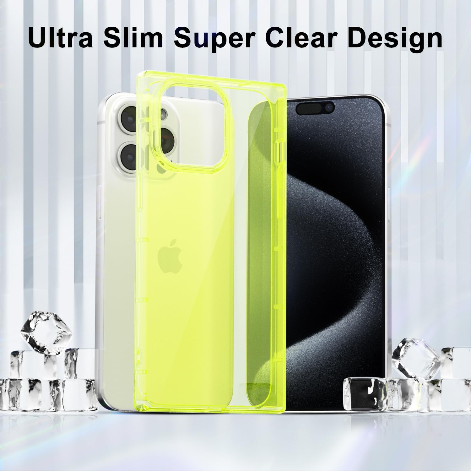 Svanove Fundas para iPhone 15 Pro Transparente Cuadrado, Transparente Rectángulo Cuadrado Funda de Teléfono Cámara Funda Protectora, Silicona Fina Shockproof Caparazón Blando, Amarillo Neón