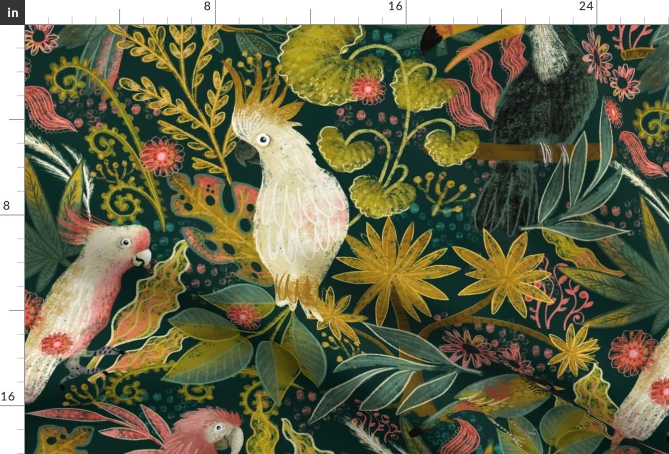 Spoonflower Fabric - Birds Palm Trees Flowers Rain Forest Tucan Cockatoo Tropical Printed on Upholstery Velvet Fabric Fat Quarter - Upholstery Home Decor Bottomweight Apparel