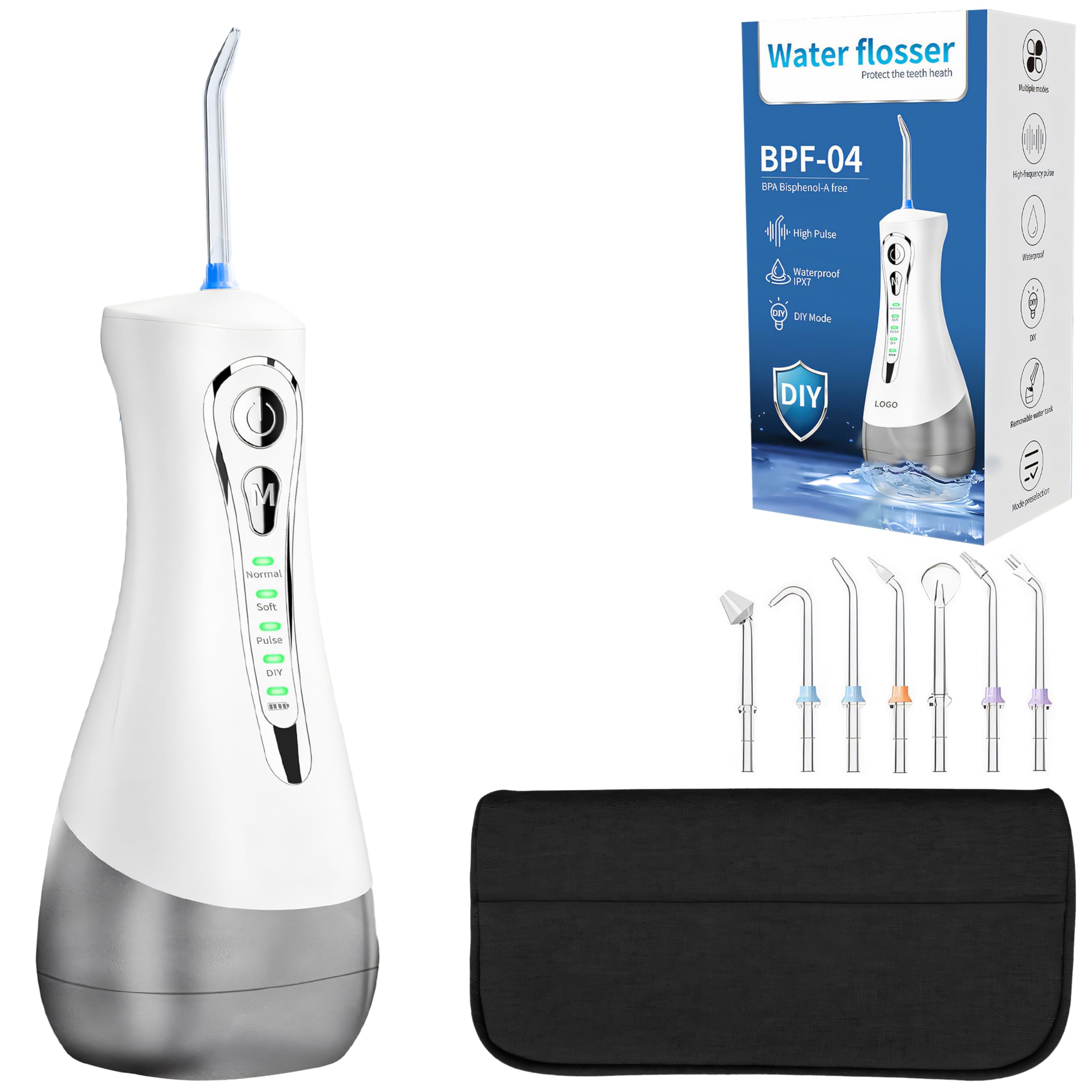 Retoo Irrigatore orale senza fili, 4 modalità, 7 ugelli, IPX7, pulitore elettrico per denti, serbatoio dell'acqua da 300 ml, per rimuovere residui di cibo, ricaricabile,