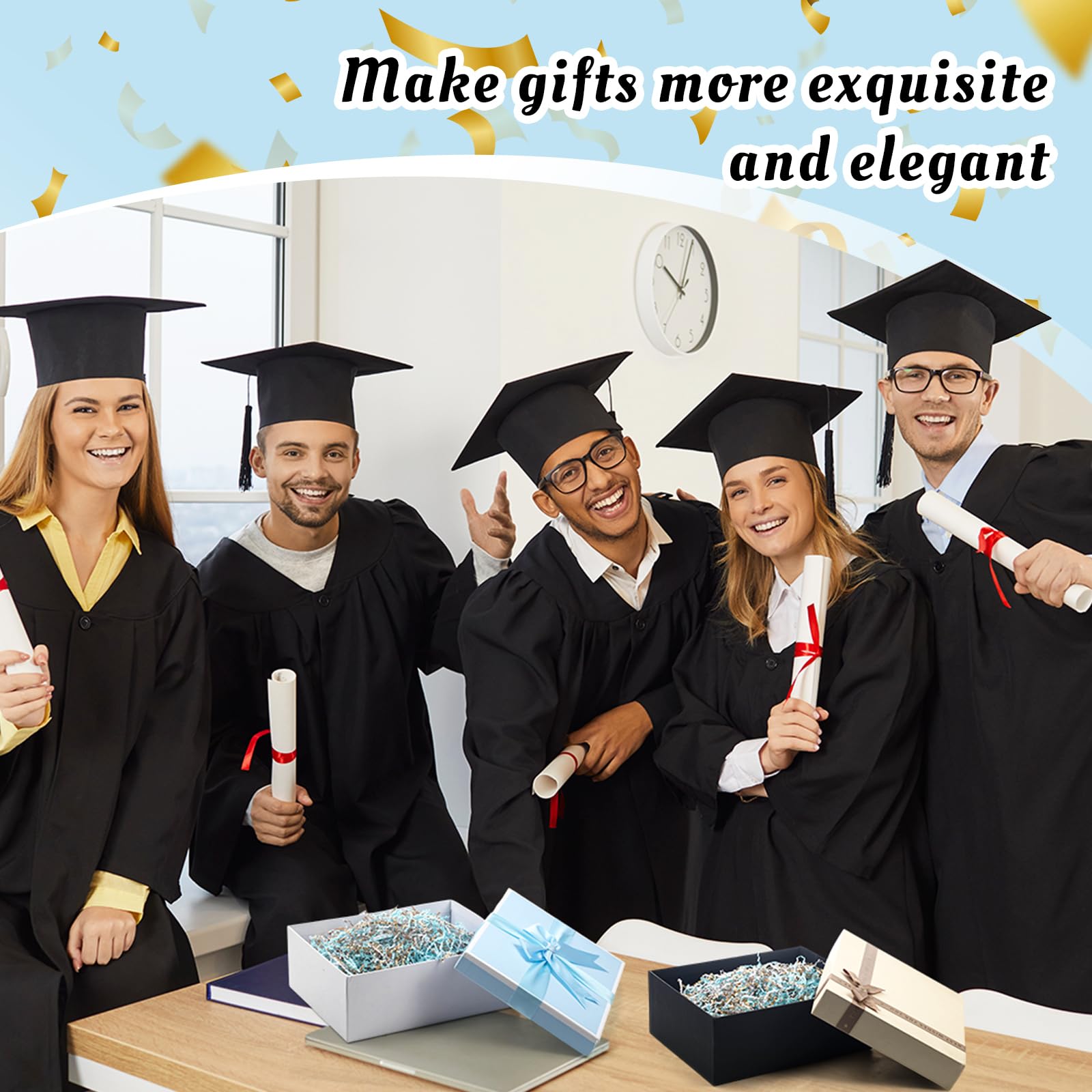 Papel de corte arrugado de 2 libras para cestas de regalo, papel triturado para caja de regalo, papel de rafia azul claro y dorado para embalaje de graduación para fiestas, cumpleaños