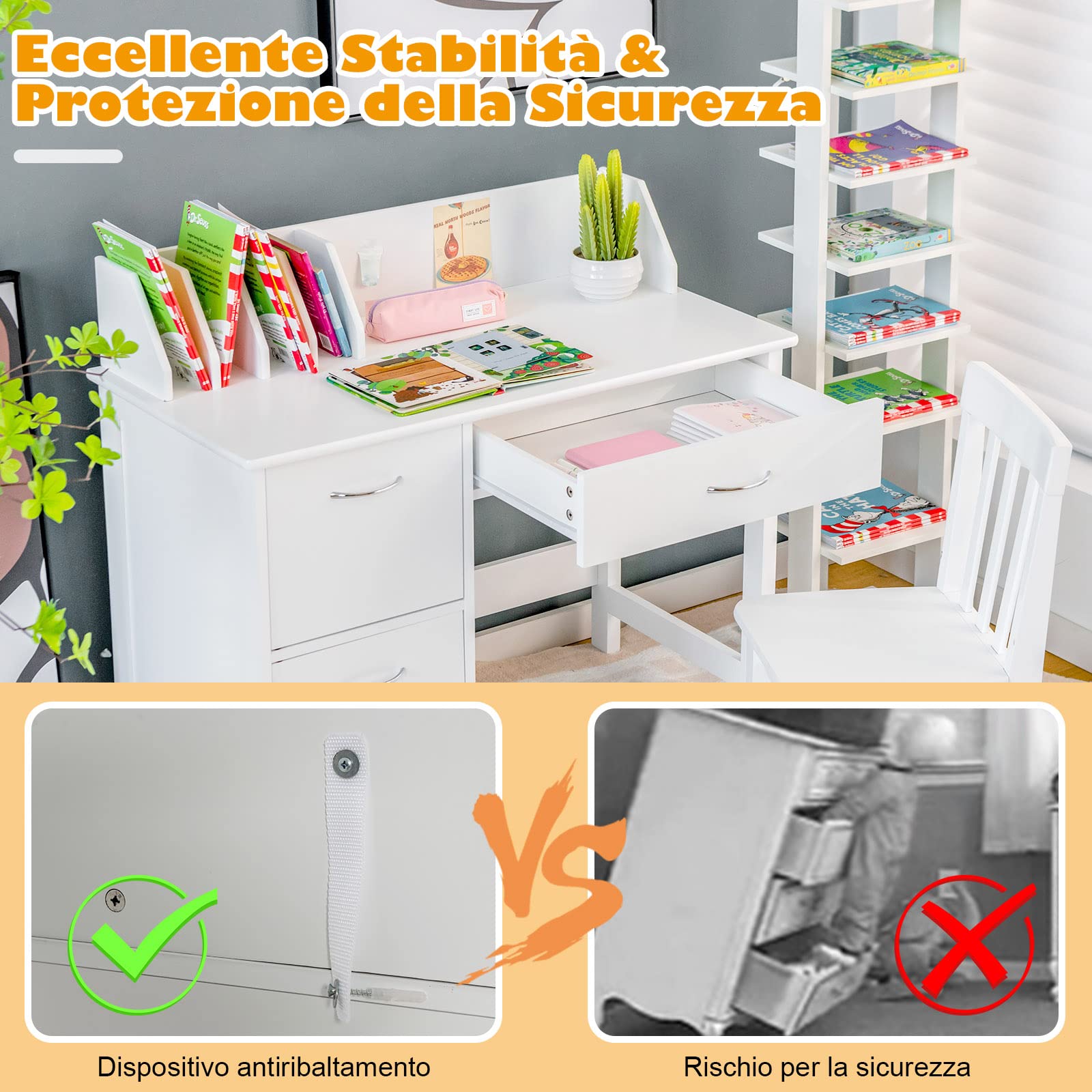 COSTWAY Set di Scrivania e Sedia per Bambini, Scrivania per Bambini con Cassetto e Armadietti, Ideale per Camera da Letto Sala Studio, 90,5 x 46 x 81 cm (bianco)