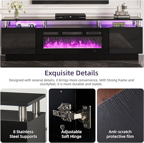 Miniatura 6 de oneinmil Soporte de consola de TV de 2 niveles con chimenea eléctrica de 36 pulgadas, centro de entretenimiento con luz LED para televisores de