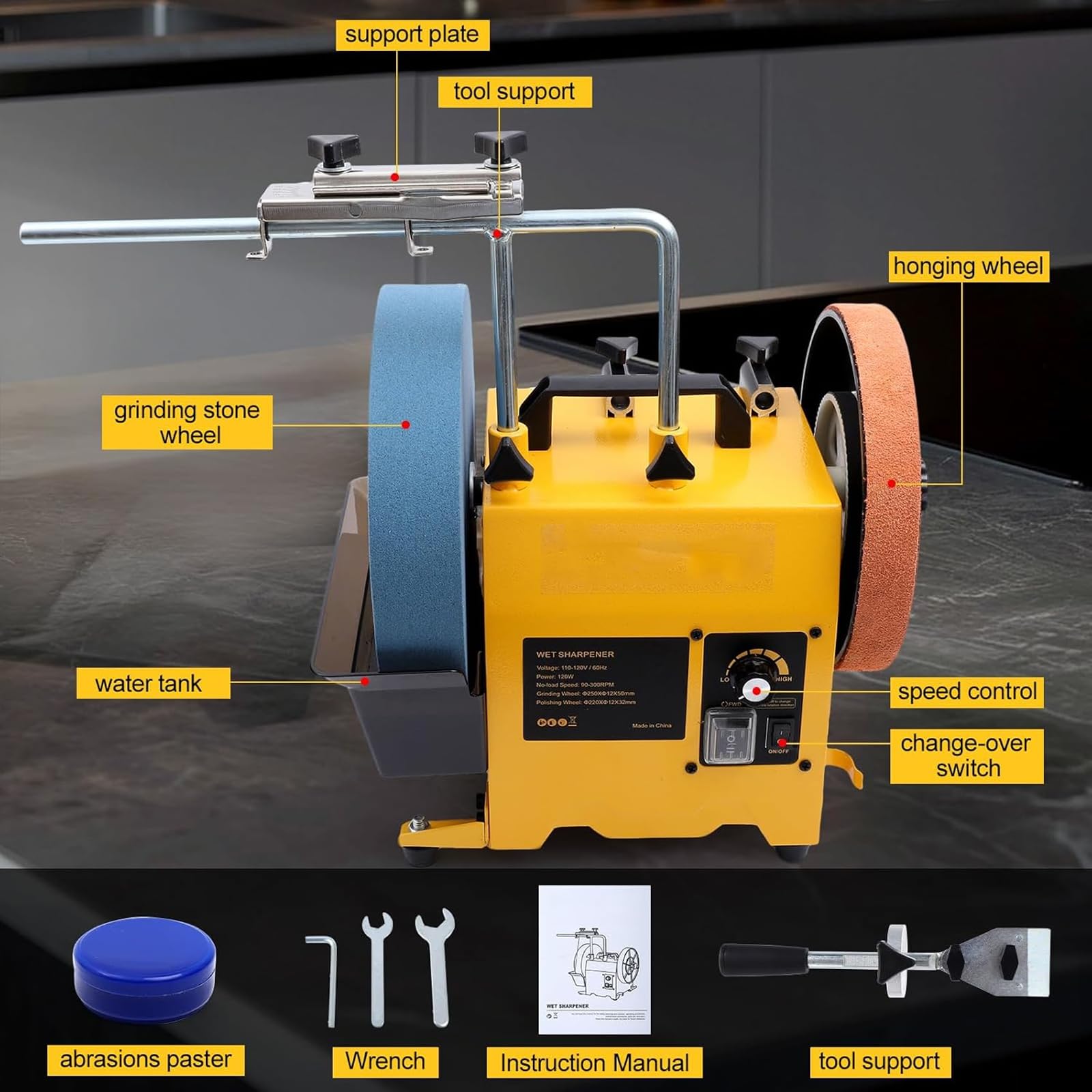 Sistema di affilatura coltelli, smerigliatrice da banco da 25 cm, smerigliatrice da banco a Umido a velocità variabile, levigatrice, per scalpelli e ASCE.