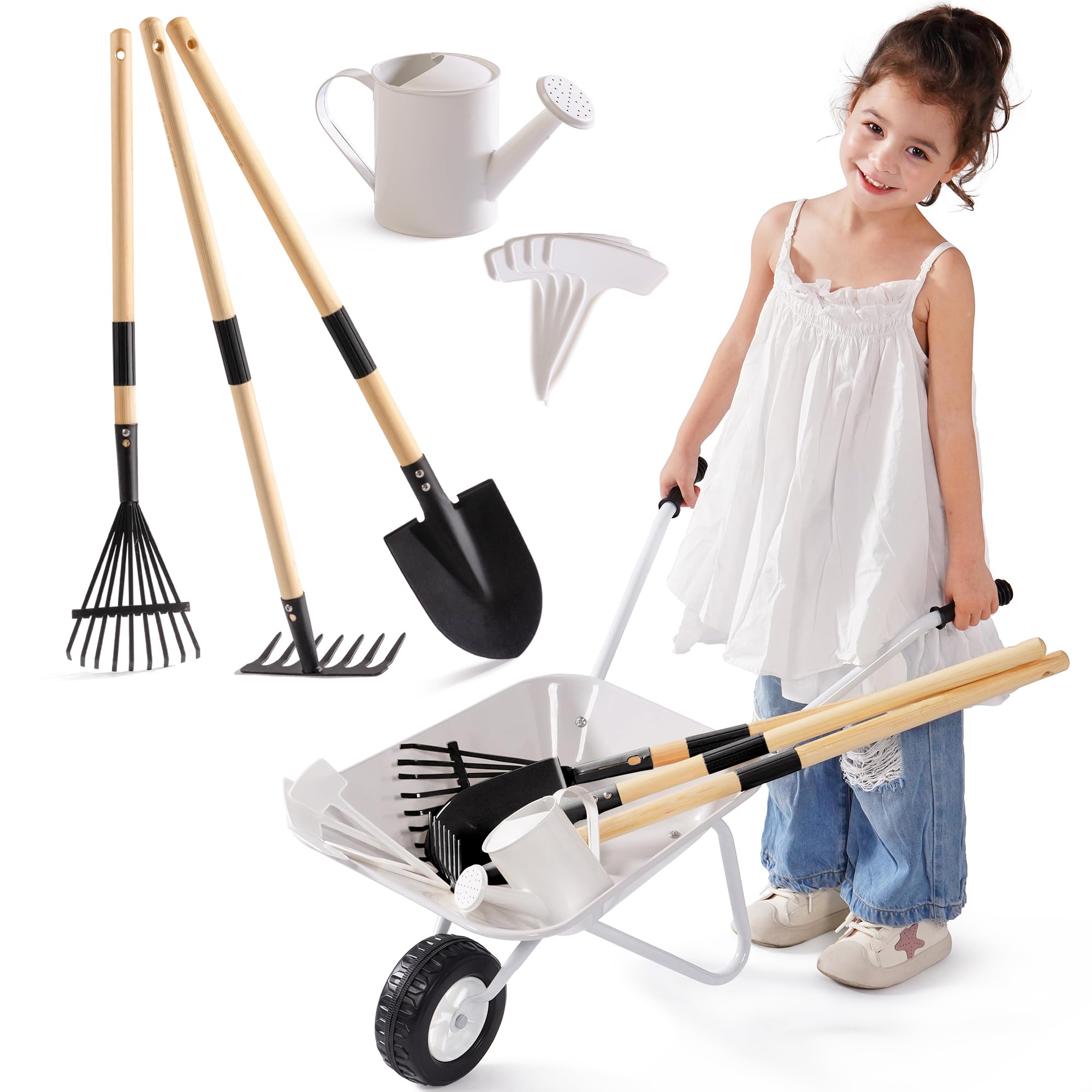 ROBOTIME Carretilla de metal para niños y herramientas para plantar, juego de 5 piezas en gris y negro con mango de madera de pino ajustable, regadera, rastrillo, pala, para niños y niñas a partir de