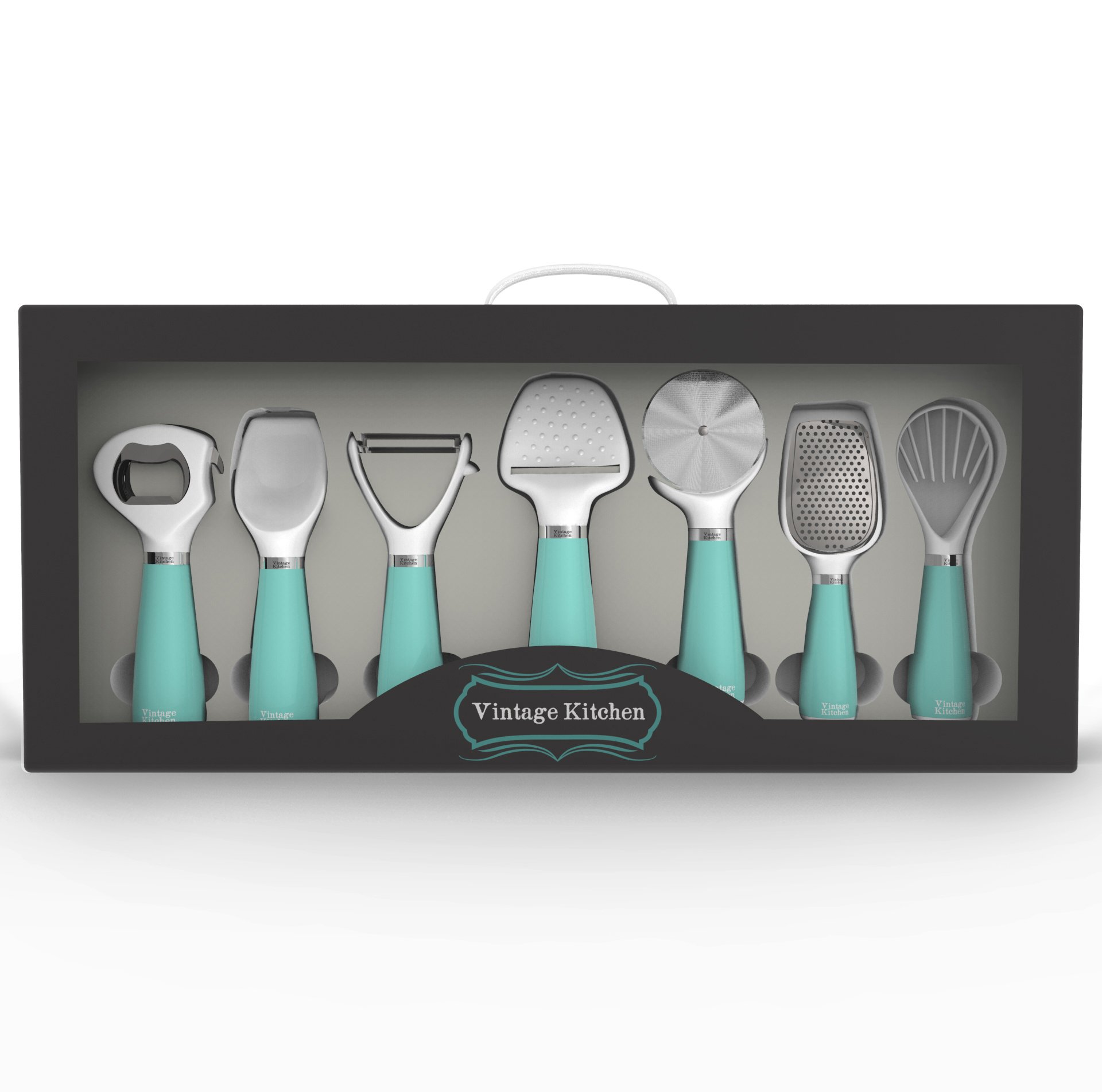 Premium 7 Piece Kitchen Gadget Utensil Tool Set. Peeler, Multifunctional Bottle Opener, Ice Cream Scoop, Pizza & Cheese Slicer, Multi-Purpose Grater & Avocado Slicer. Great for New Home, Wedding Gift!