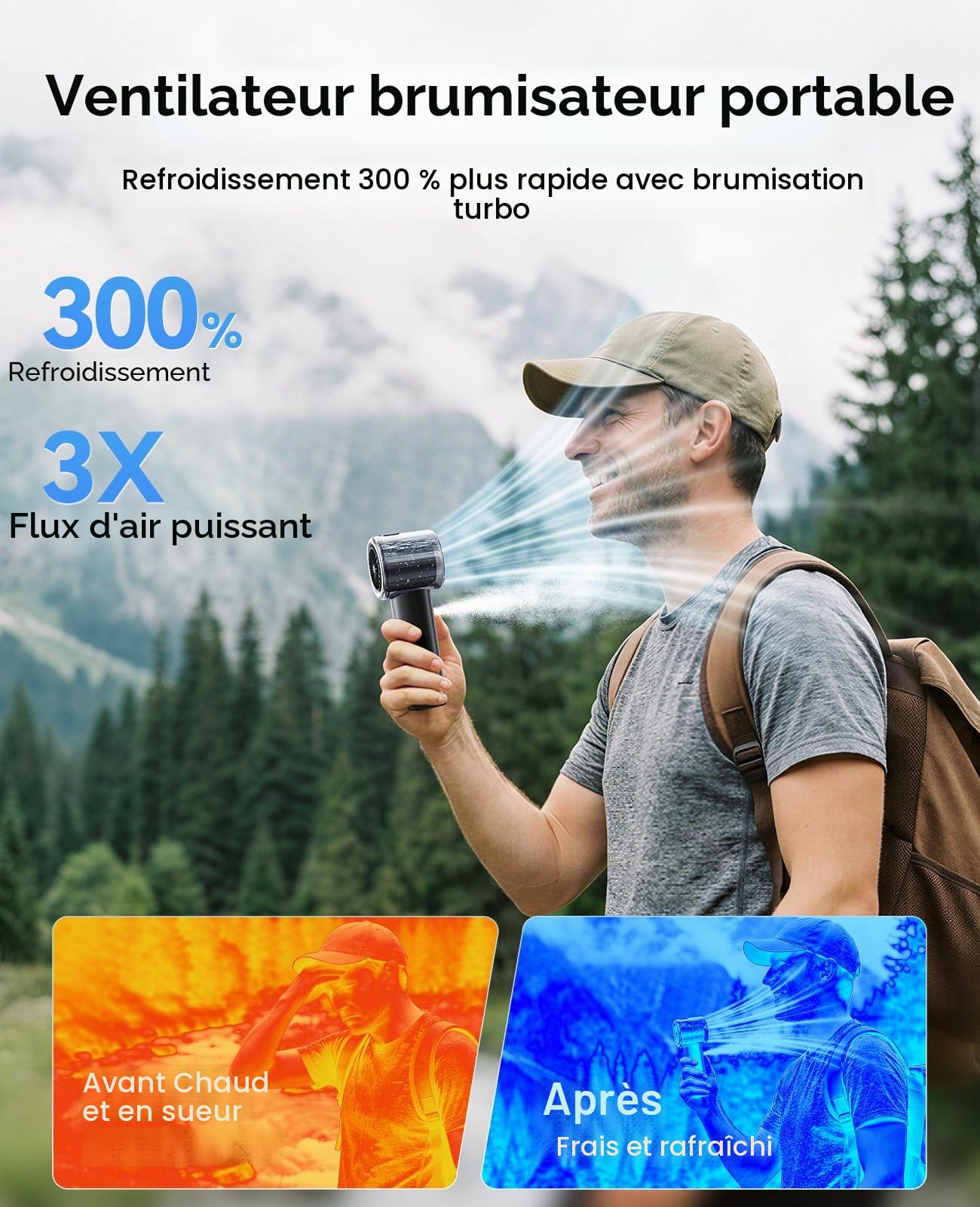 KIMMOO Ventilateur turbo portable portable avec brumisation, puissant 25 000 tr/min, vitesse (1 à 100), réservoir d'eau de 50 ml, ventilateur personnel rechargeable par USB, petit ventilateur de poche