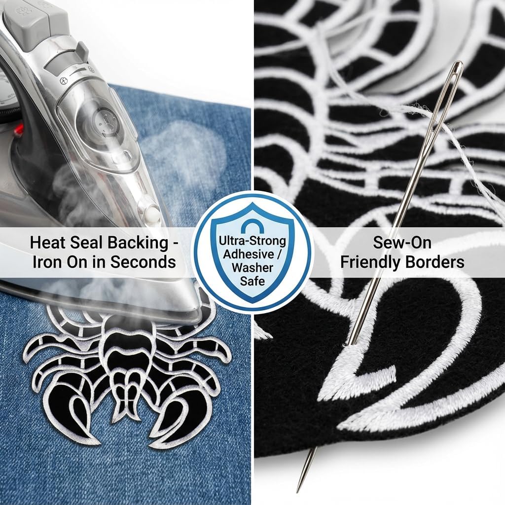Black and White Scorpion Patch 8x11 Inch, XL Large Embroidered Iron On Applique for Back of Jackets, Biker DIY Fashion Decor