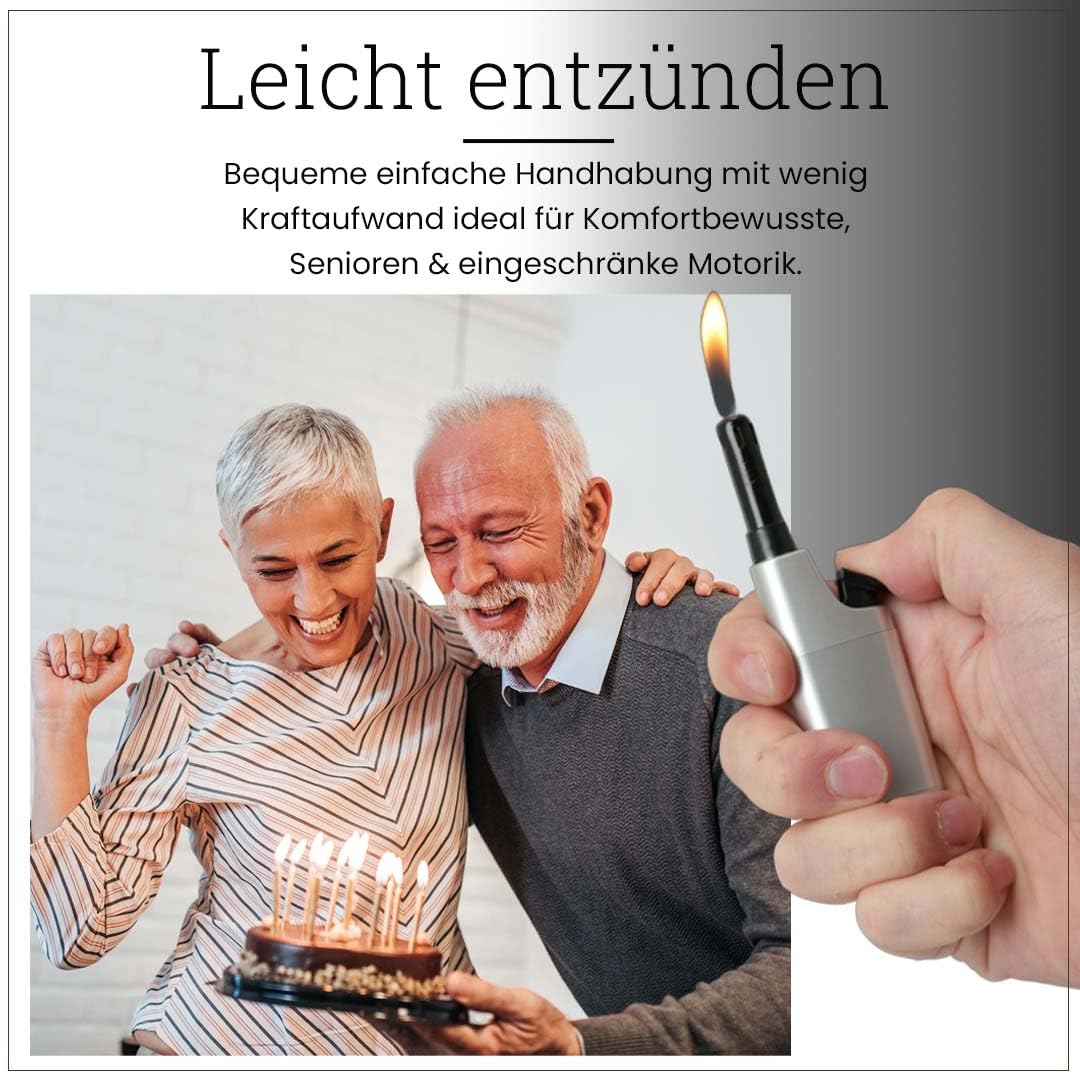 Komfort Feuerzeug 5er Pack – Ergonomisch - Barrierefrei - Seniorengerecht– Nachfüllbare Piezo Gasanzünder mit Leichtbedienung – Metallic & Farbig – Für Kerzen, Grill & Outdoor