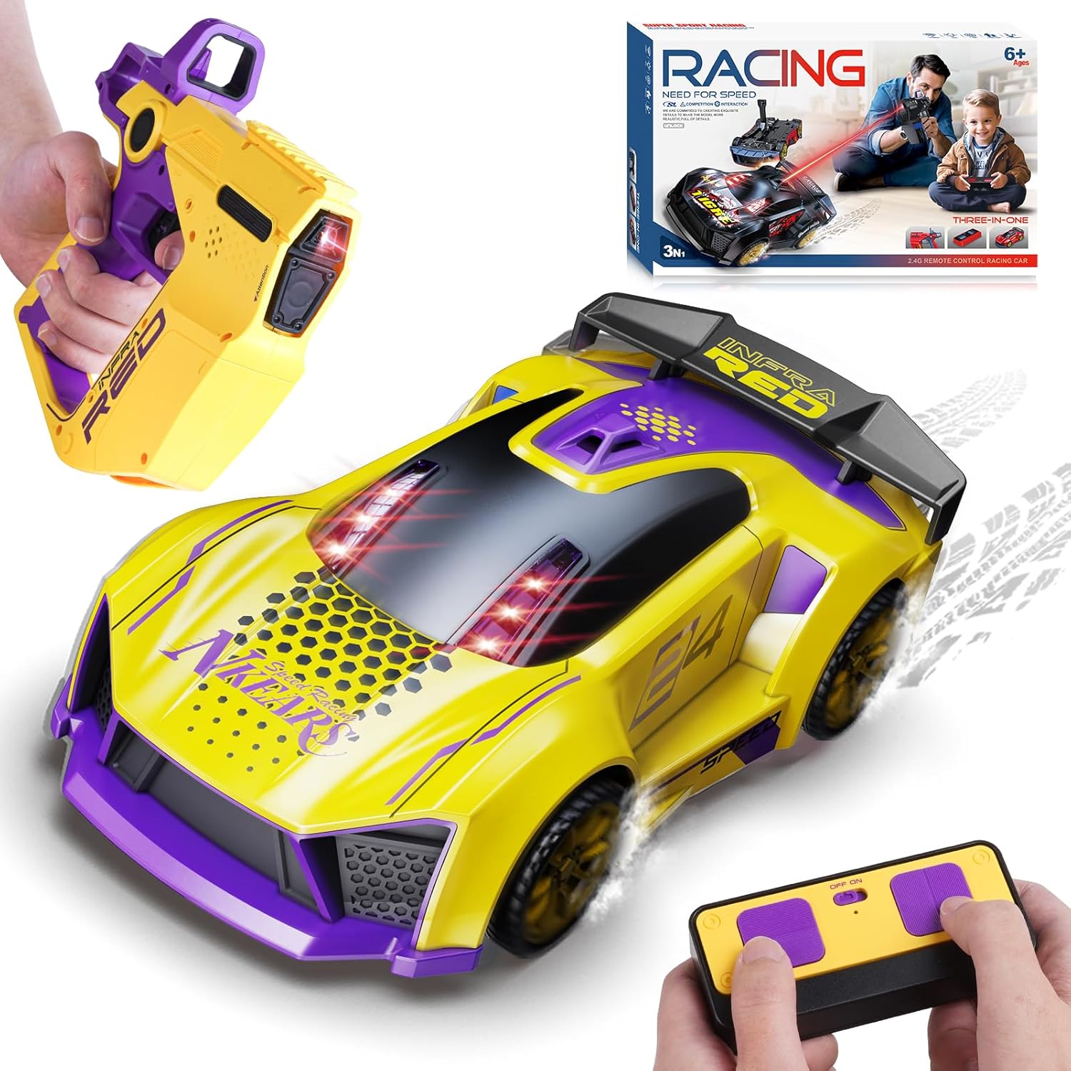 3-in-1 RC Drift Car Remote Control 1:24 Police/Sports/Racing Rechargeable 2-Player Battle Set with Infrared Gun Knock-to-Flip 60 Min Play for Kids 4 5 6 7 8 9 Year Old (Black)
