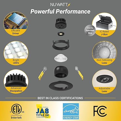 Miniatura 4 de NUWATT Lámpara empotrable LED redonda negra de 3 pulgadas, luz LED todo en 1 sin lata con 5 interruptores de color CCT 2700K - 5000K, 8W, 600