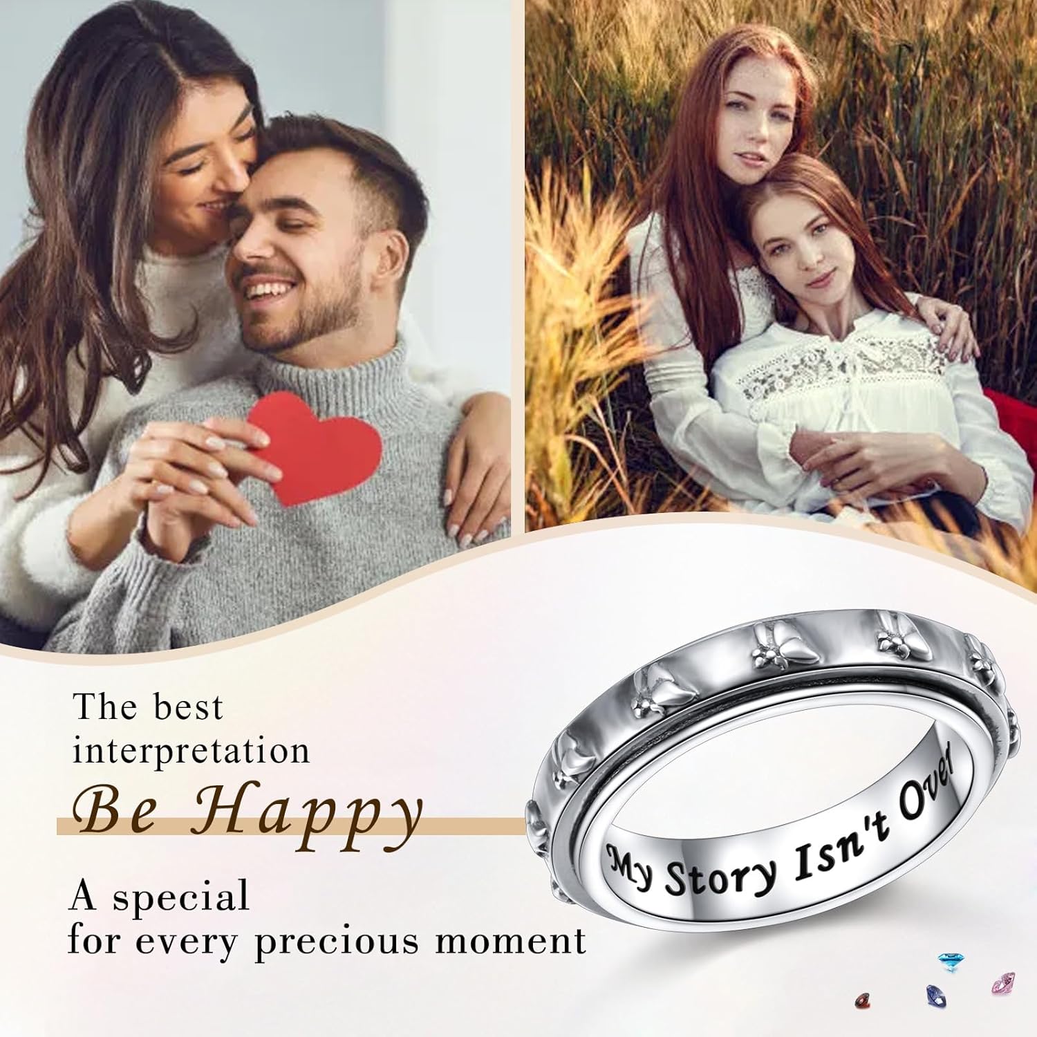 Ladytree Butterfly Semicolon Anxiety Relieve Spinner Rings My Story Isn't Over Yet Semicolon Fidget Ring Sterling Silver ADHD Stress Relieving Ring for Women Men