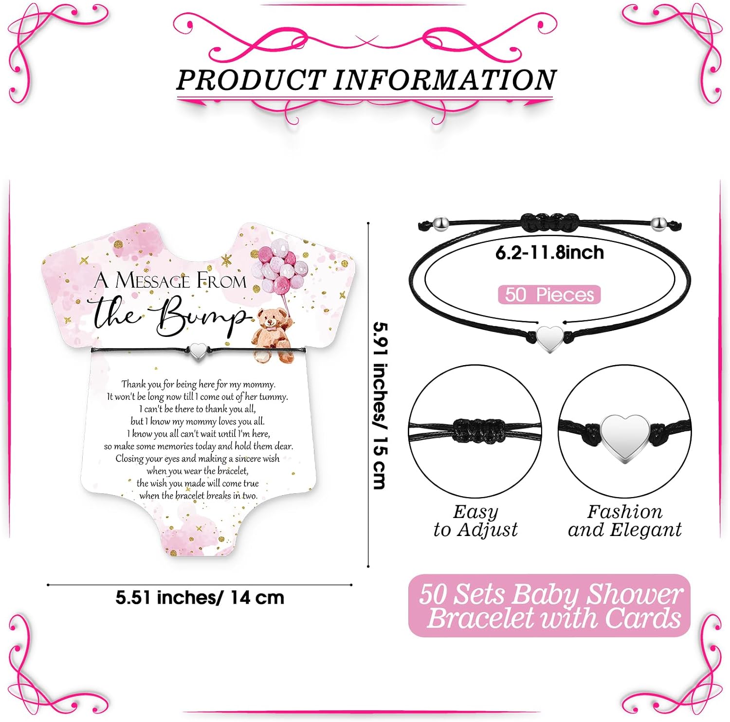 Chuangdi 50 Sets Baby Shower Bracelets Party Favors for Guests a Message from the Bump Adjustable Cute Heart Bracelets Thank You Card for Gender Reveal Thank You Gifts(Pink)
