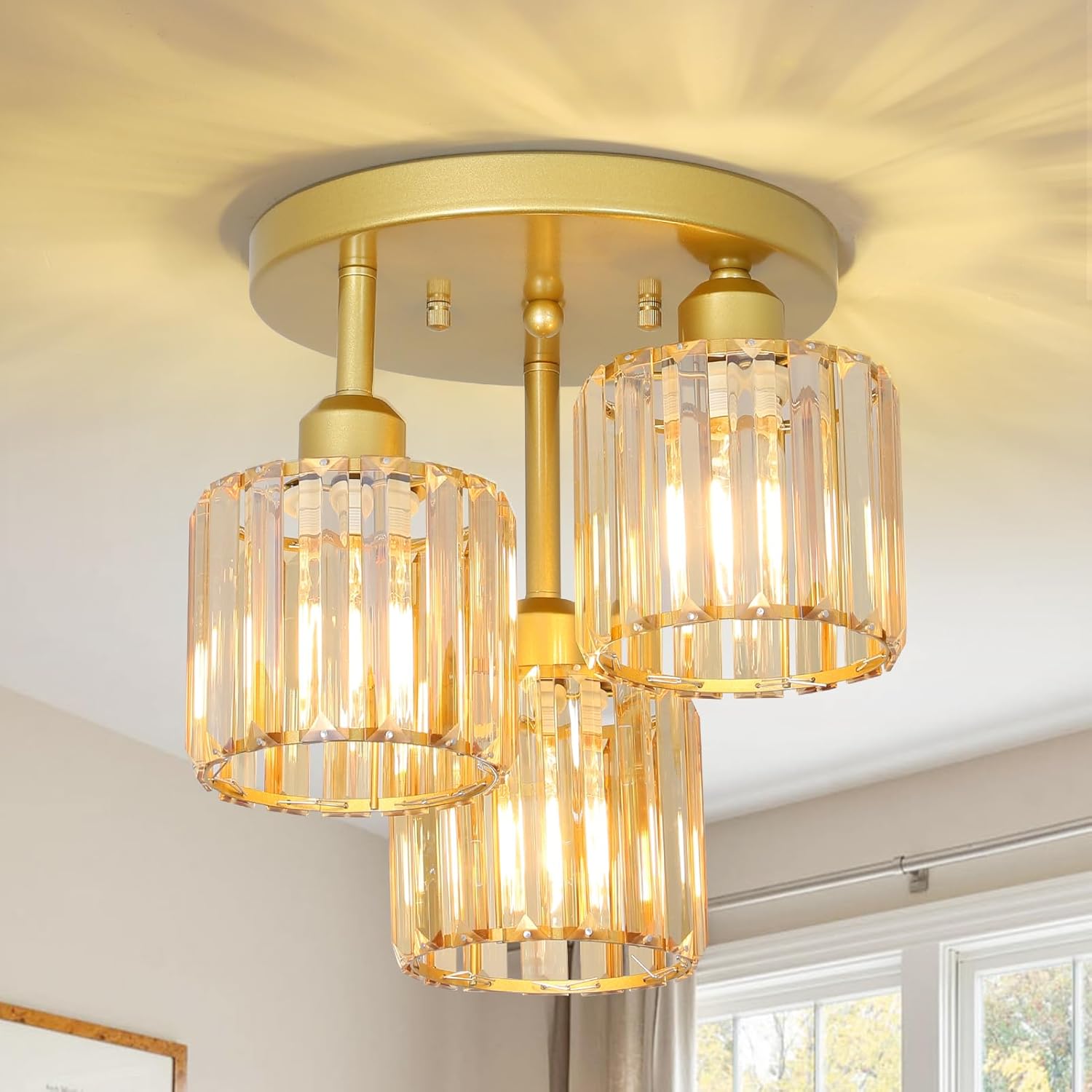 Semi Flush Mount Ceiling Light,3-Light Crystal Close to Ceiling Light Fixtures,Kitchen Light Fixture with Amber Crystal Shades,Hallway Light Fixtures for Kitchen Entryway Bedroom Bathroom