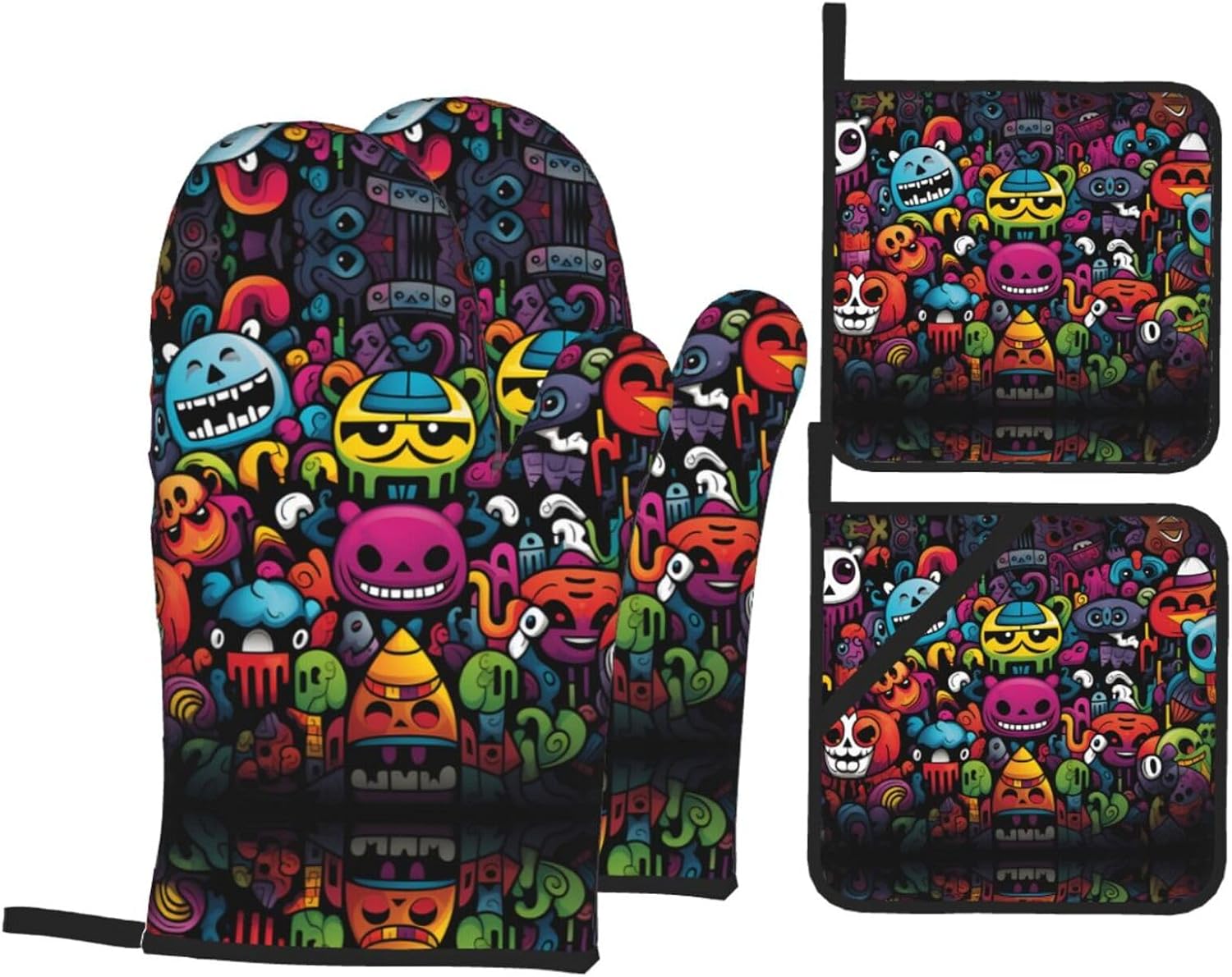 Wacky Dolls. Printed Oven Mitts + Potholders 4-Piece Set - Great for BBQ Party Cooking
