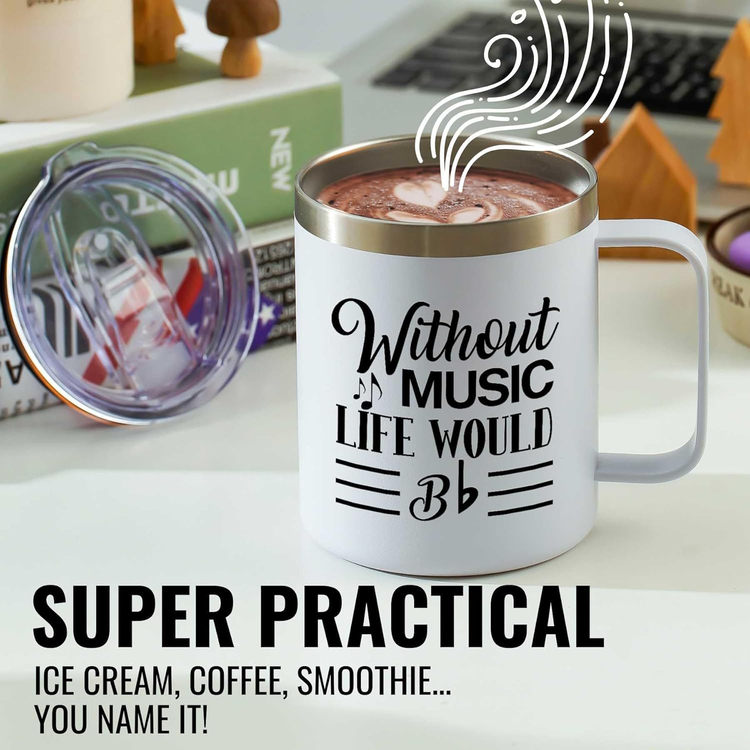 Onebttl Music Lover Gifts For Men, Male, Him - Without Music Life Would B Flat - 12 oz /350 ml Insulated Mugs with Lid - Musician Gifts, Musical Lovers Gift - (White) - Image 2