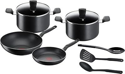 Tefal Batterie de cuisine 9 pièces, Poêle 24 cm + Wok 28 cm + Faitouts 22/24 cm + ustensiles, Pas d’induction, Revêtement antiadhésif, Poignée ergonomique, Super Cook B459S984