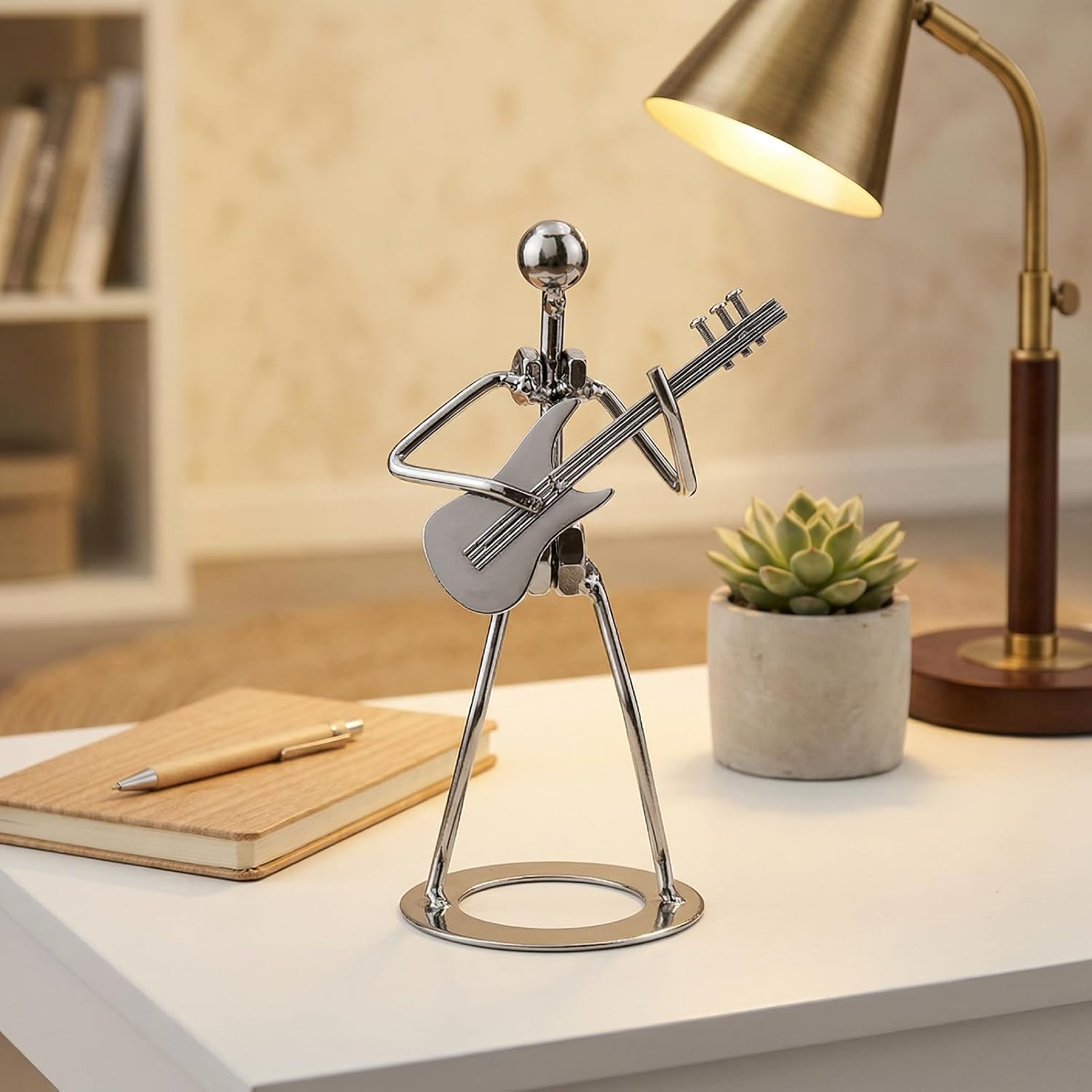 Walfront Metal Musician Guitar Player Statue Musical Instrument Guitar Collectible Figurine Home Cafe Counter Office Book Shelf Decor for Adult Children