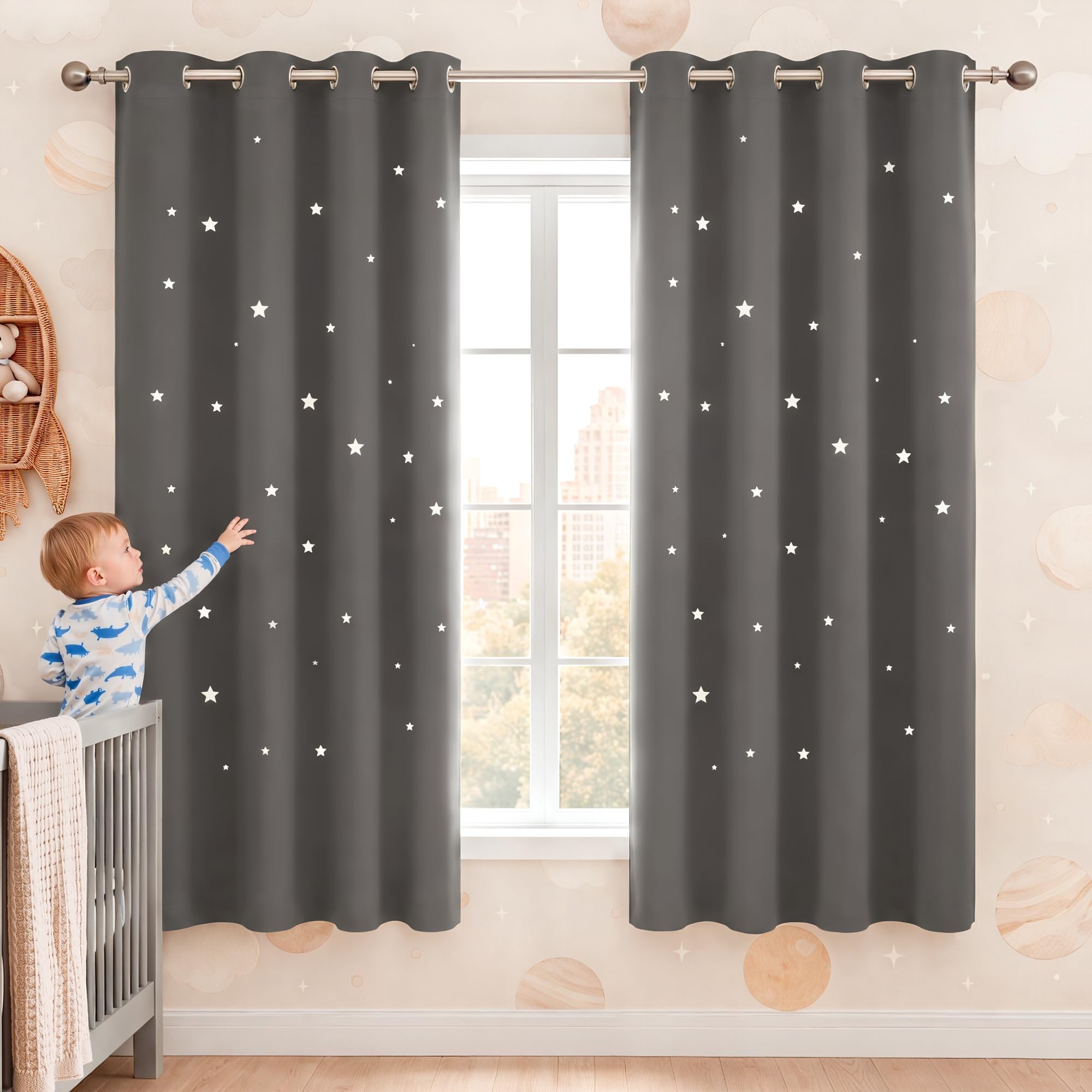 NICETOWN Grey Hollow Star Blackout Kids Curtain, 1 Panel, W52 x L63