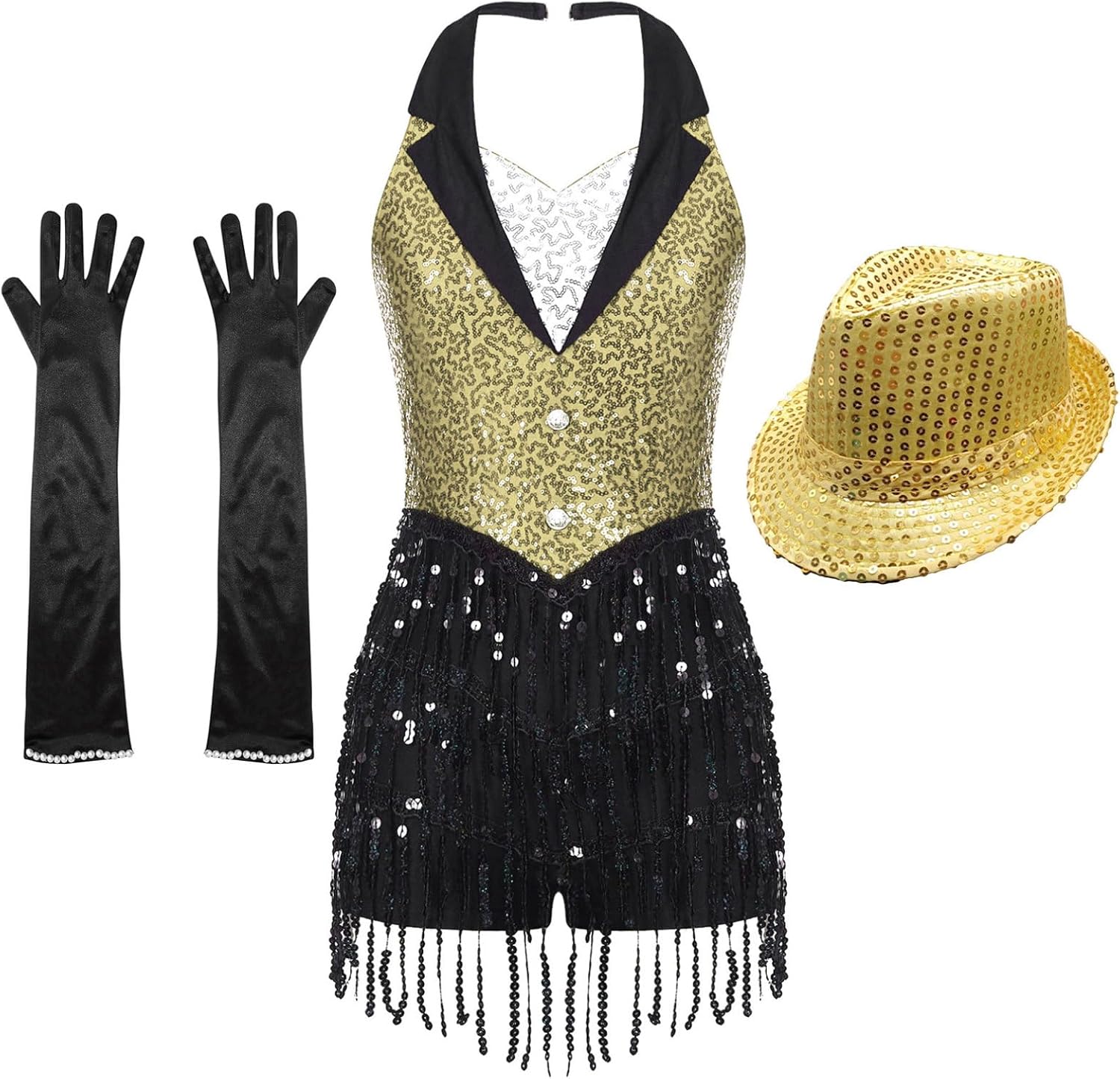 Women Sexy Tuxedo Bodysuit Outfits Fringe Latin Dance Leotard with Gloves Hat Ballroom Dance Tops
