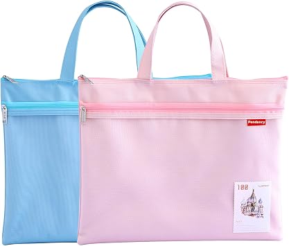 Pendancy 2 Pack A4 Document Bags, Mesh Zipper Pouches, Blue/Pink | Lightweight Nylon Zipper Pouches for Documents, Books and School Supplies, with Clear Mesh Pockets, Name Labels and Handles