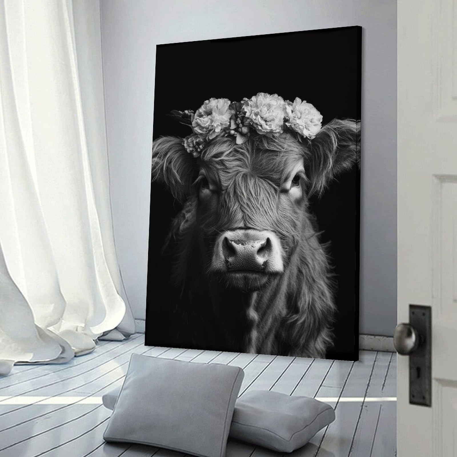 Junmoney Frame-Style-24 Highland Cow With Flower Crown Black And White Photo Portrait Decorative Wall Artwork, 08X12inch(20X30cm), For Corridors, Hallways Or Apartment Entries, Home Artwork For First Impressions