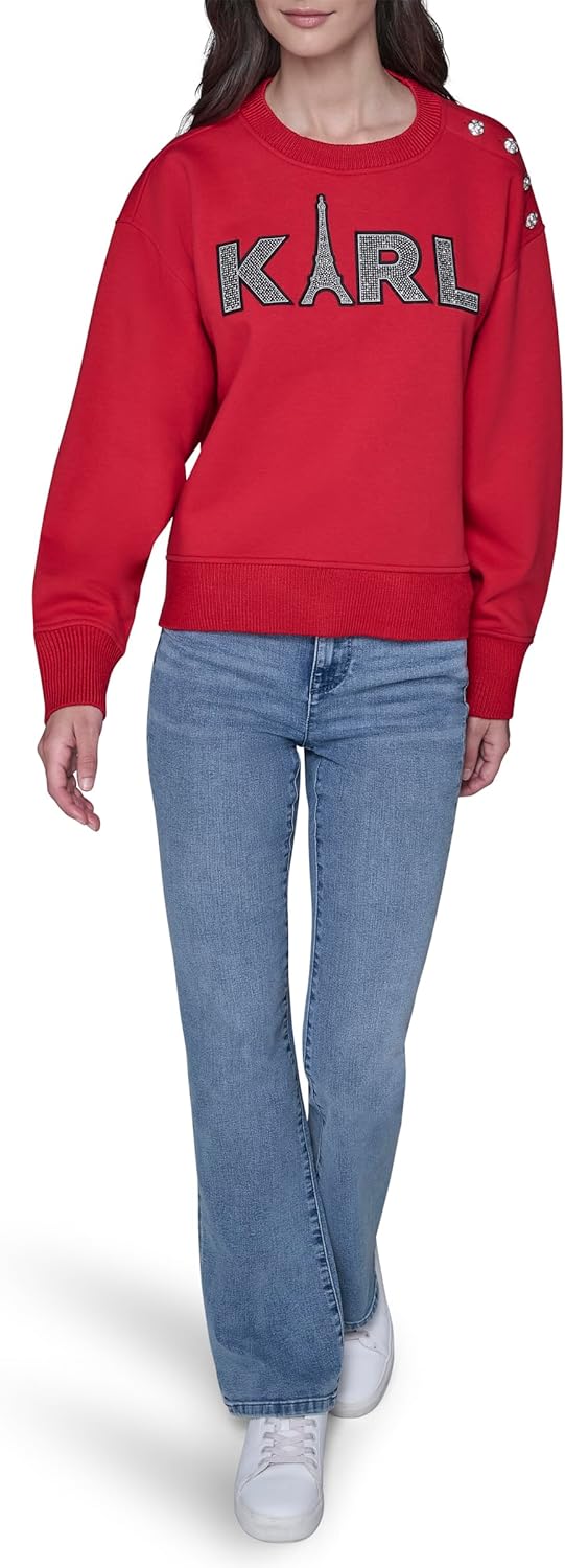 KARL LAGERFELD womens Long Sleeve Crew Neck Eiffel Tower Fleece Sweatshirt - Image 2