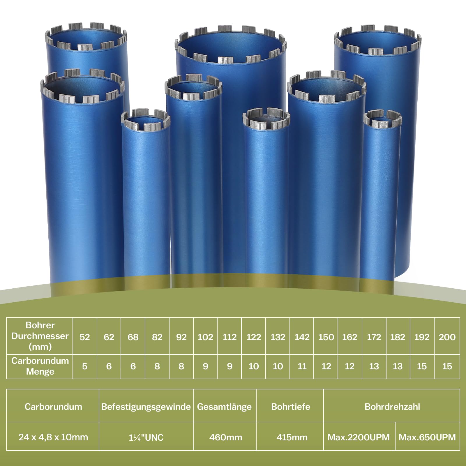 Diamantbohrkrone ⌀52mm L460mm 1 ¼ UNC Aufnahme 10mm Segment Turbo für Beton Mauerwerk Stein Granit Stahlbeton
