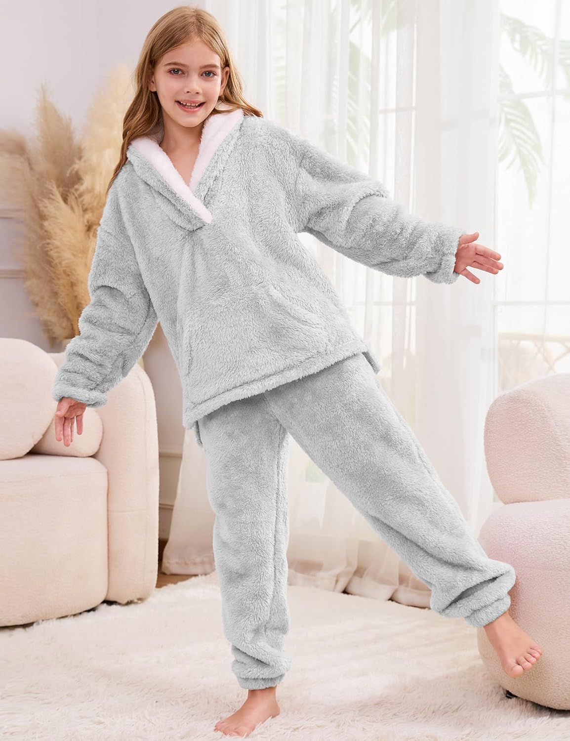 Kissonic Girls Fuzzy Pants Set Lapel Collar Pullover Fluffy Sweatshirt Fleece Pants Sweatsuit 2 Piece Outfits - Image 3