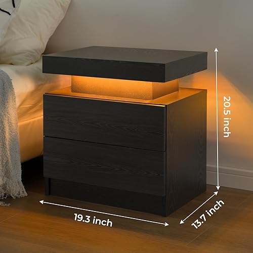 Miniatura 27 de Generic Juego de 2 Mesita de noche con 2 cajones, mesa de noche con cajones para muebles de dormitorio, mesa auxiliar con luz LED Blanco,Negro