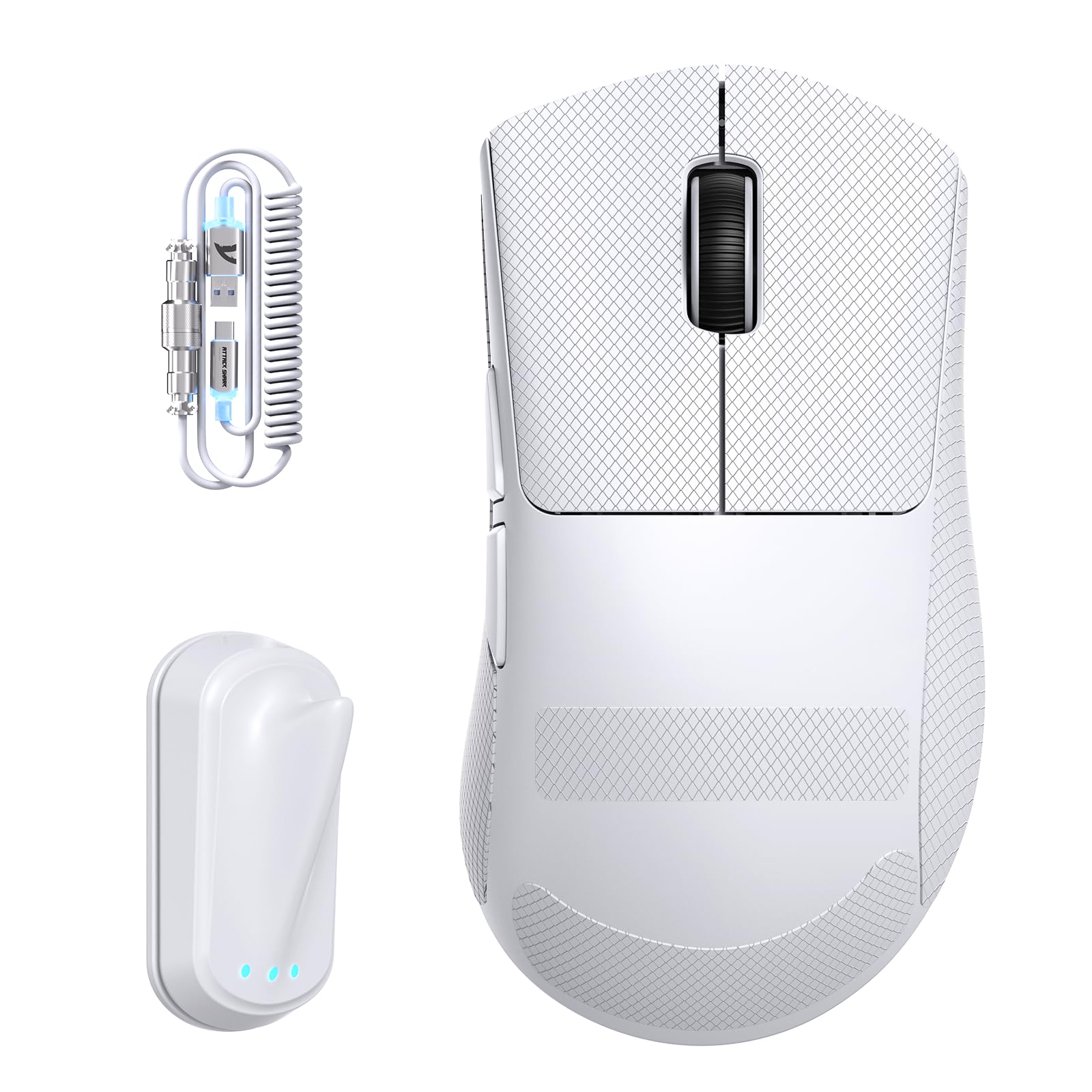 ATTACK SHARK V8 Wireless Gaming Maus mit LED Spiralkabel, Nordic 54L15 Chip, PAW3950MAX, 42000DPI, Dual 8000Hz, 59g Ultraleicht, Hai-Flossen-Dongle Design, 2.4Ghz/BT/Kabel für PC, Weiß & Griffband