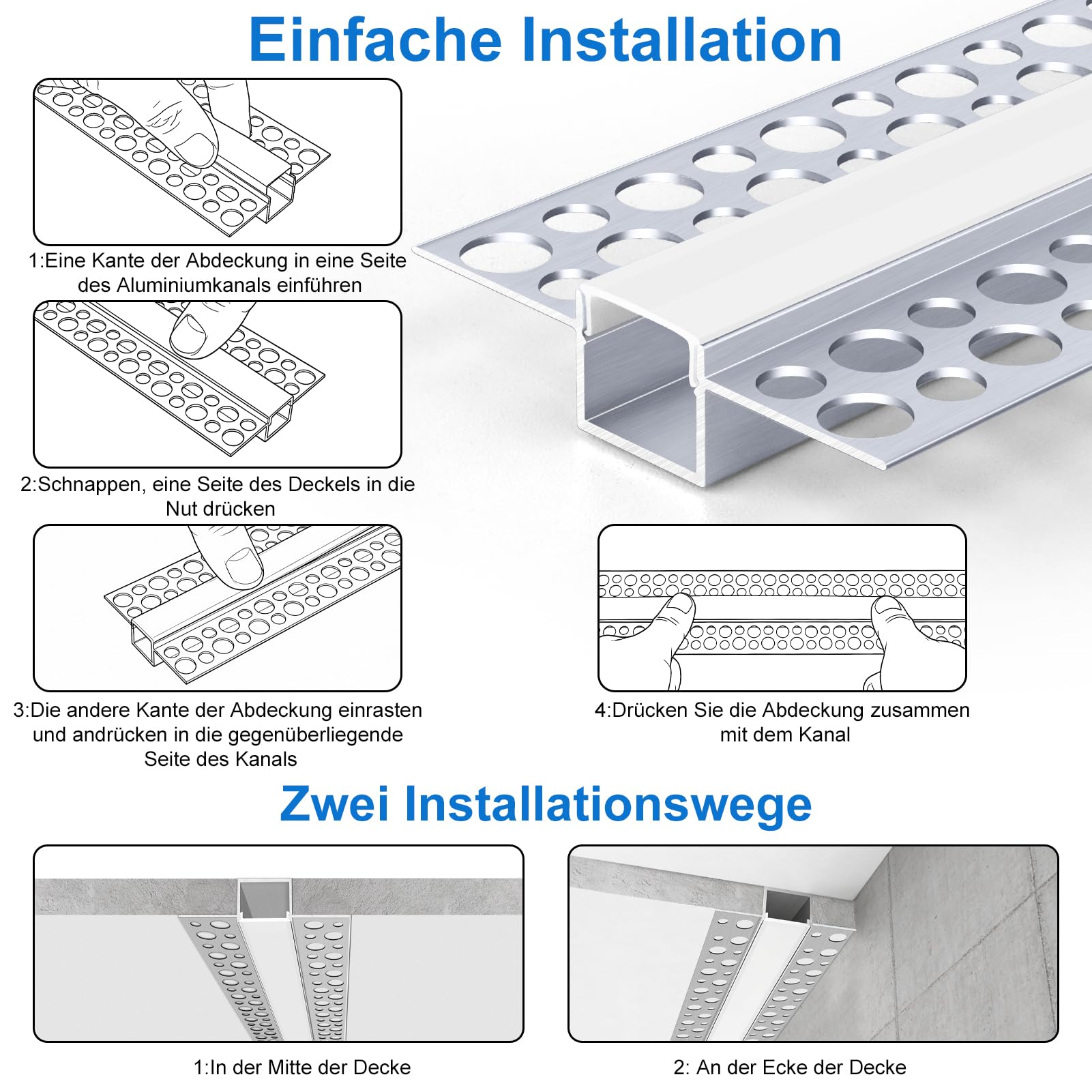 LED Trockenbauprofil für 13 mm Streifen, 10 x 1 m Unterputz Aluminiumprofil mit milchigem Diffusor, Trimless Einbauprofil für Gipskarton, Wand und Decke, indirekte Beleuchtung (Nachrüstung)