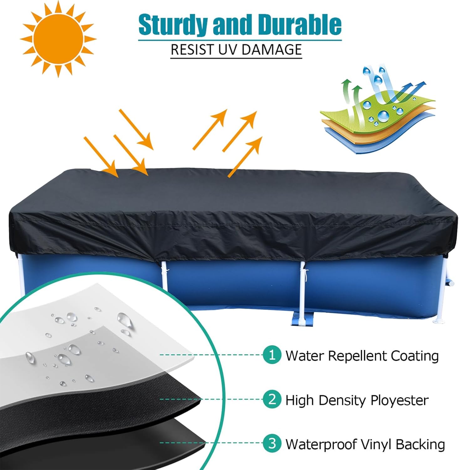 8.5 x 5.6 FT Rectangle Pool Cover, 259 * 170CM Rectangle Pool Cover, Fit 102 in x 67 in Swimming Pool Cover, Heavy Duty Pool Covers with Strong Tear Resistant and Fade Resistant (102" X 67", Black)
