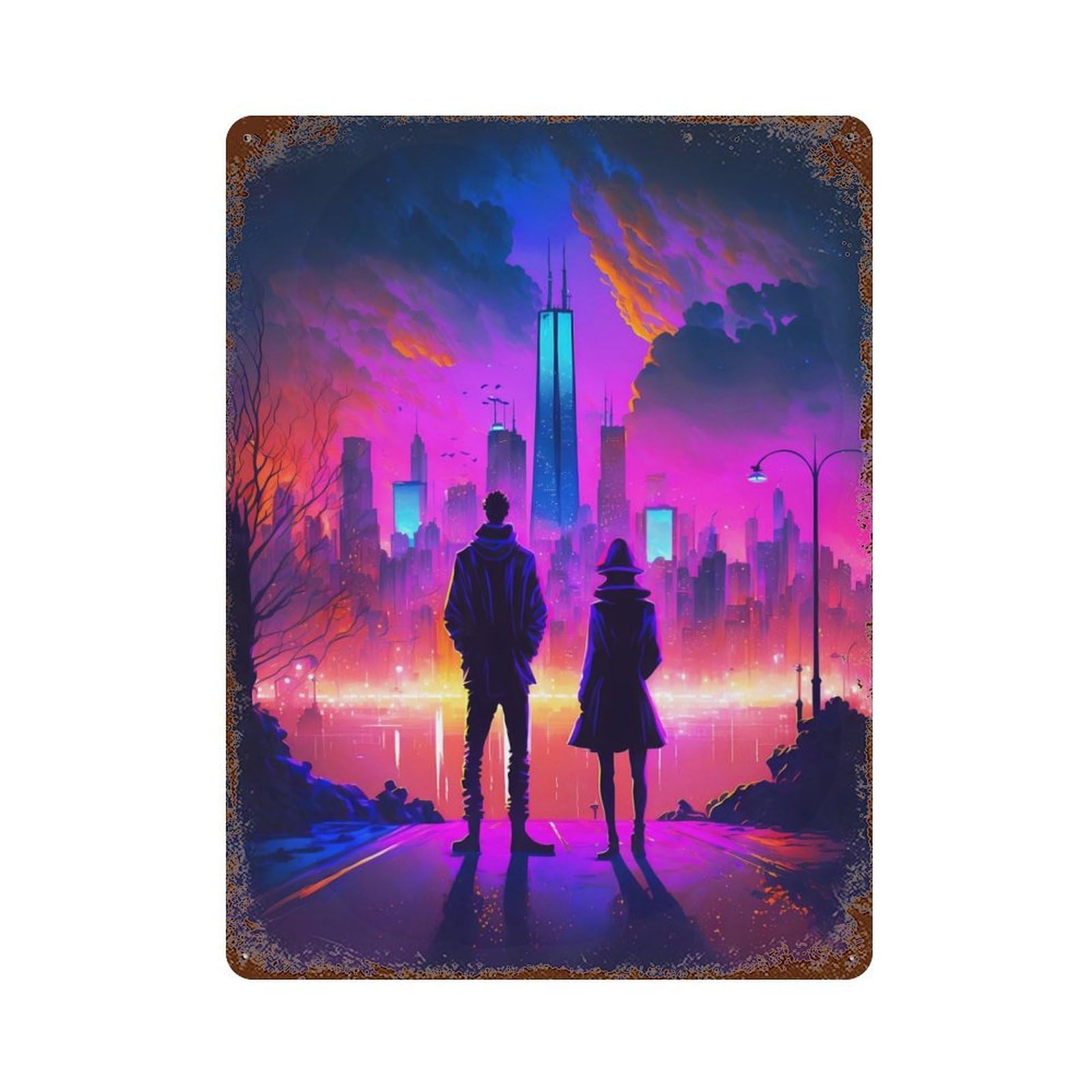 Street Landscape Rust Effect Tin Sign 15.7"x11.8", Ideal for Cafe, Home Bar And Lounge Decor