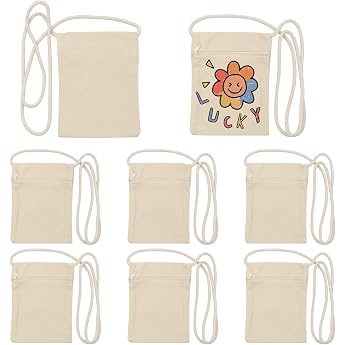 Scettar Pack of 8 Fabric Bags for Painting Neck Pouch Blank with Long Handle 17 x 13 cm Fabric Bags for Painting Cotton Bag for Painting Neck Bag for Birthday Party Gift Beige