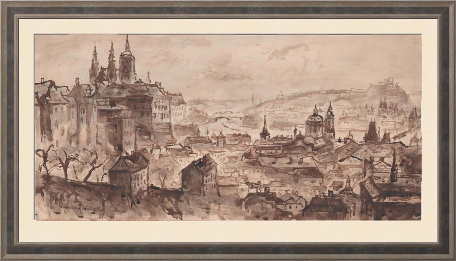 Jan B. Melichar | Prague from Strahov | Lavieren Drawing | Handmade Poster by Prague | Unique Picture Original Work Painting | 89 x 43 cm