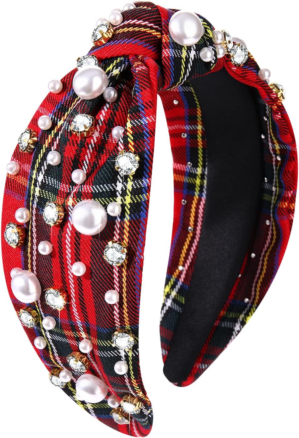 Christmas Headband for Women White Pearl Rhinestone Crystal Jeweled Embellished Hairband Wide Top Knot Hairband Headpieces Christmas Holiday Party Costume Decoration (red plaid knot hairband)