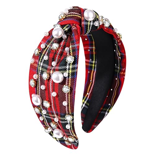 Diadema de Navidad para mujer, con perlas blancas y diamantes de imitación de cristal, diadema con nudo superior ancho, decoración de disfraces